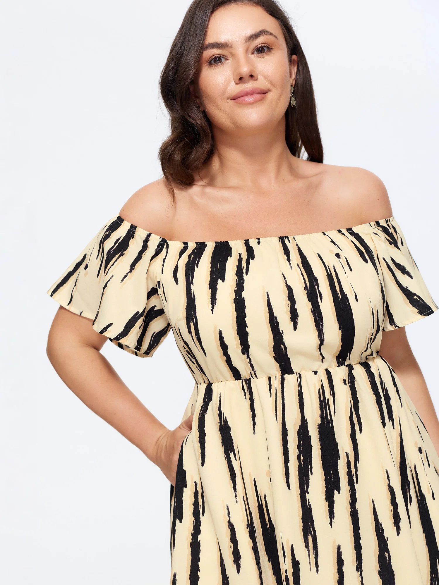 Abstract Print Off Shoulder Side Slit Midi Dress - Image 2
