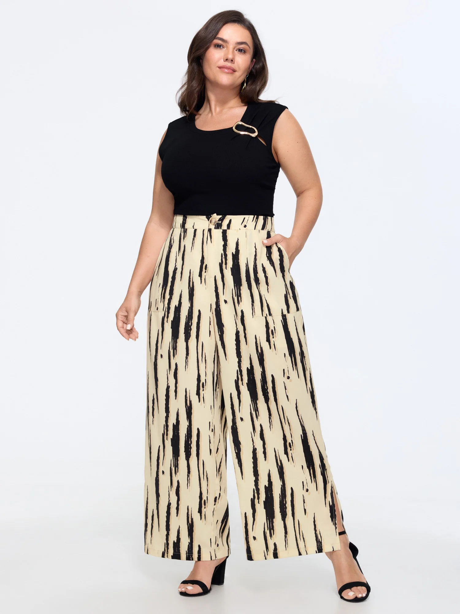 Abstract Print Side Slit Wide Leg Pants - Image 2