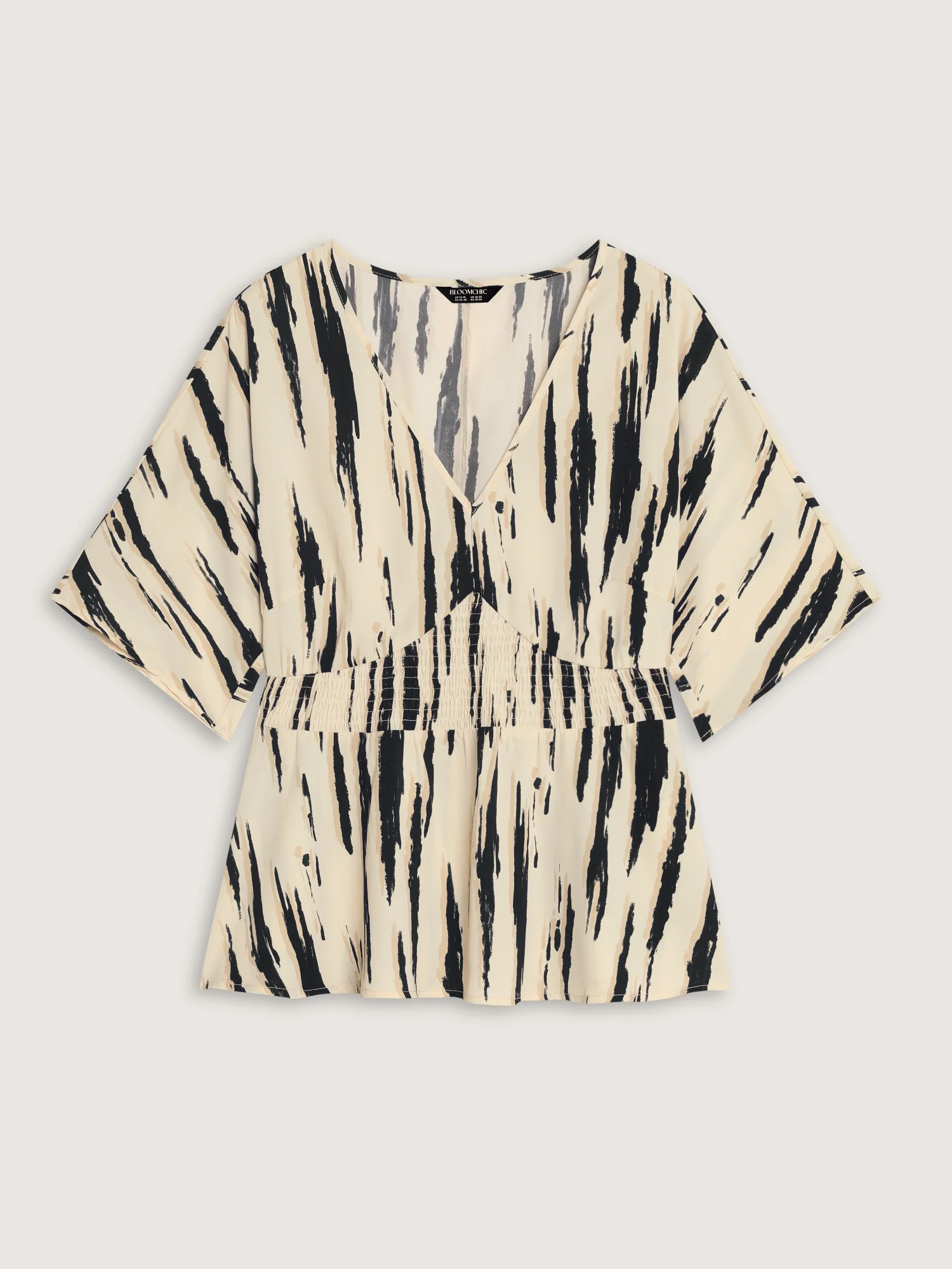 Abstract Print V Neck Shirred Waist Peplum Blouse - Image 7