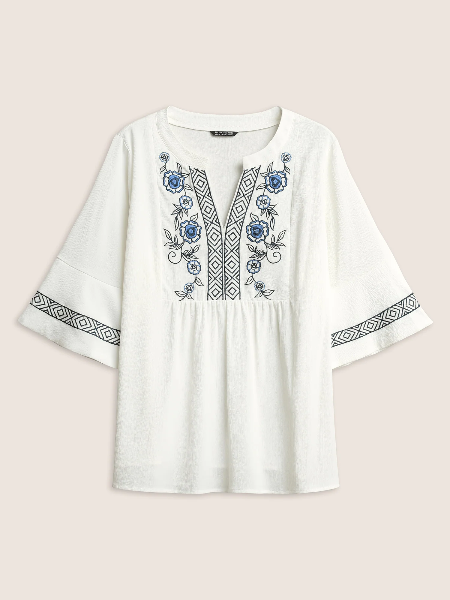 Boho Print Embroidered Gathered Notched Blouse - Image 6