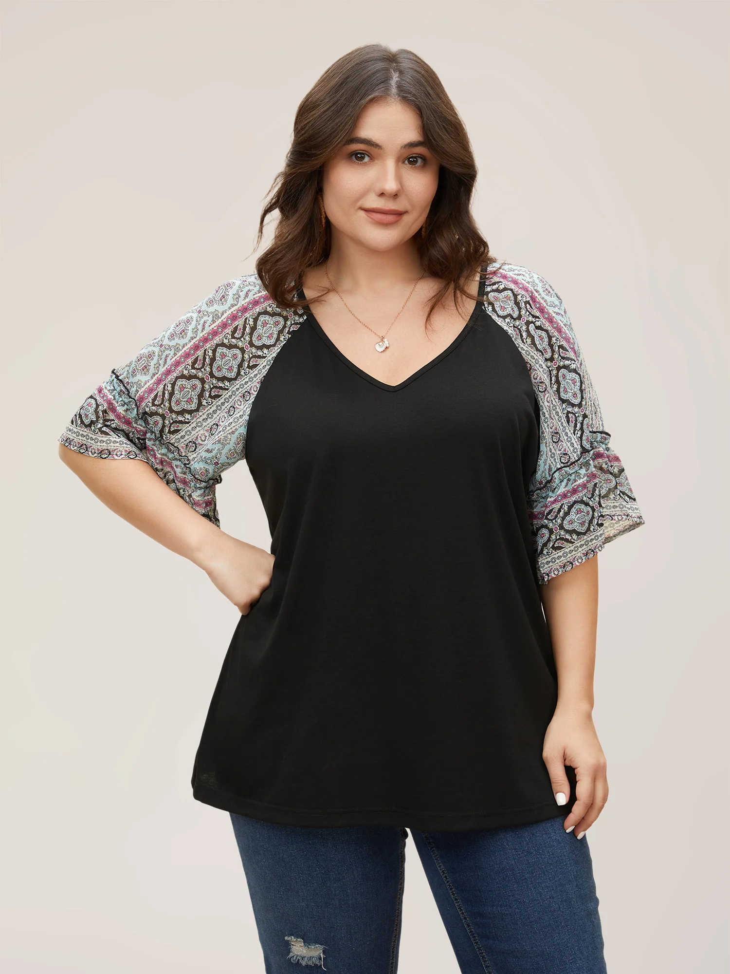 Boho Print Patchwork Raglan Sleeve T-shirt - Image 4
