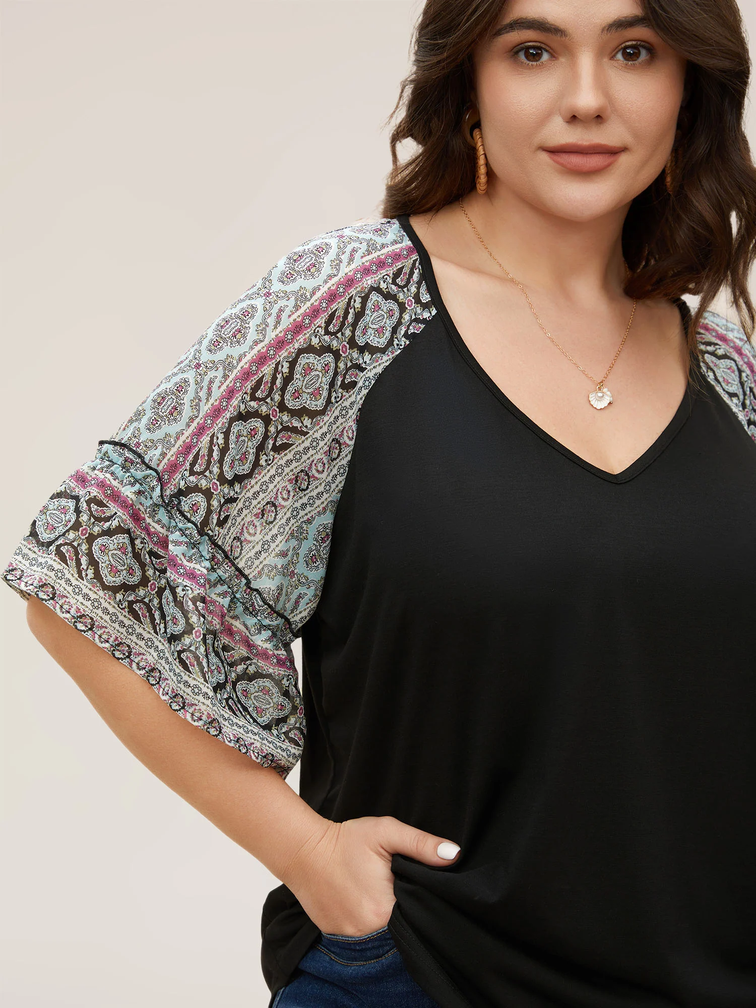 Boho Print Patchwork Raglan Sleeve T-shirt - Image 6