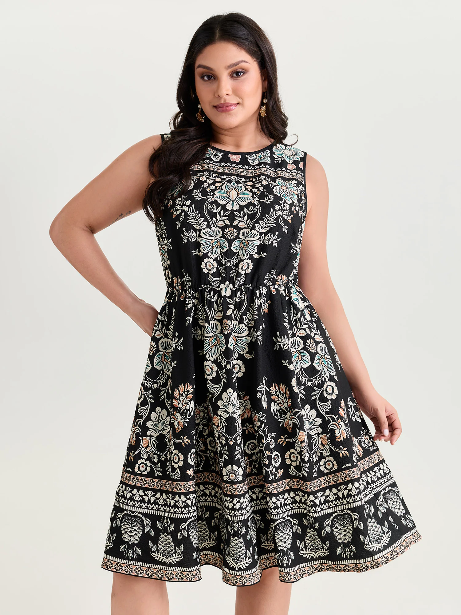 Boho Print Round Neck A-Line Mini Dress