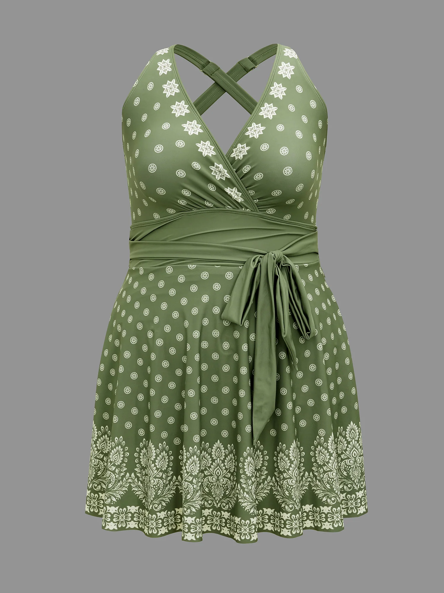 Boho Print Waist-Tie Surplice Neck Swim Dress - Image 8