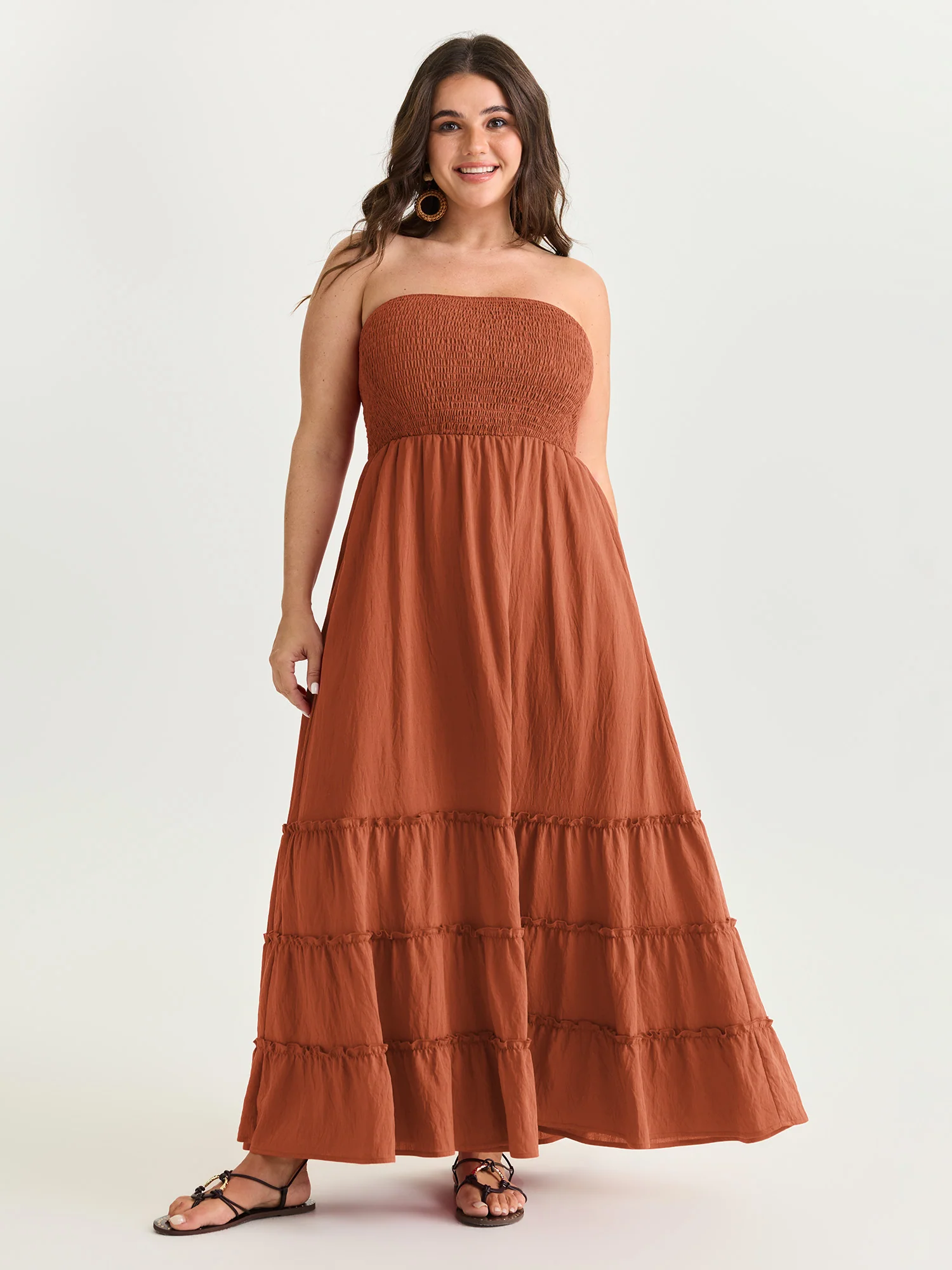 Classic Plain Shirred Bodice Tiered Maxi Dress - Image 10