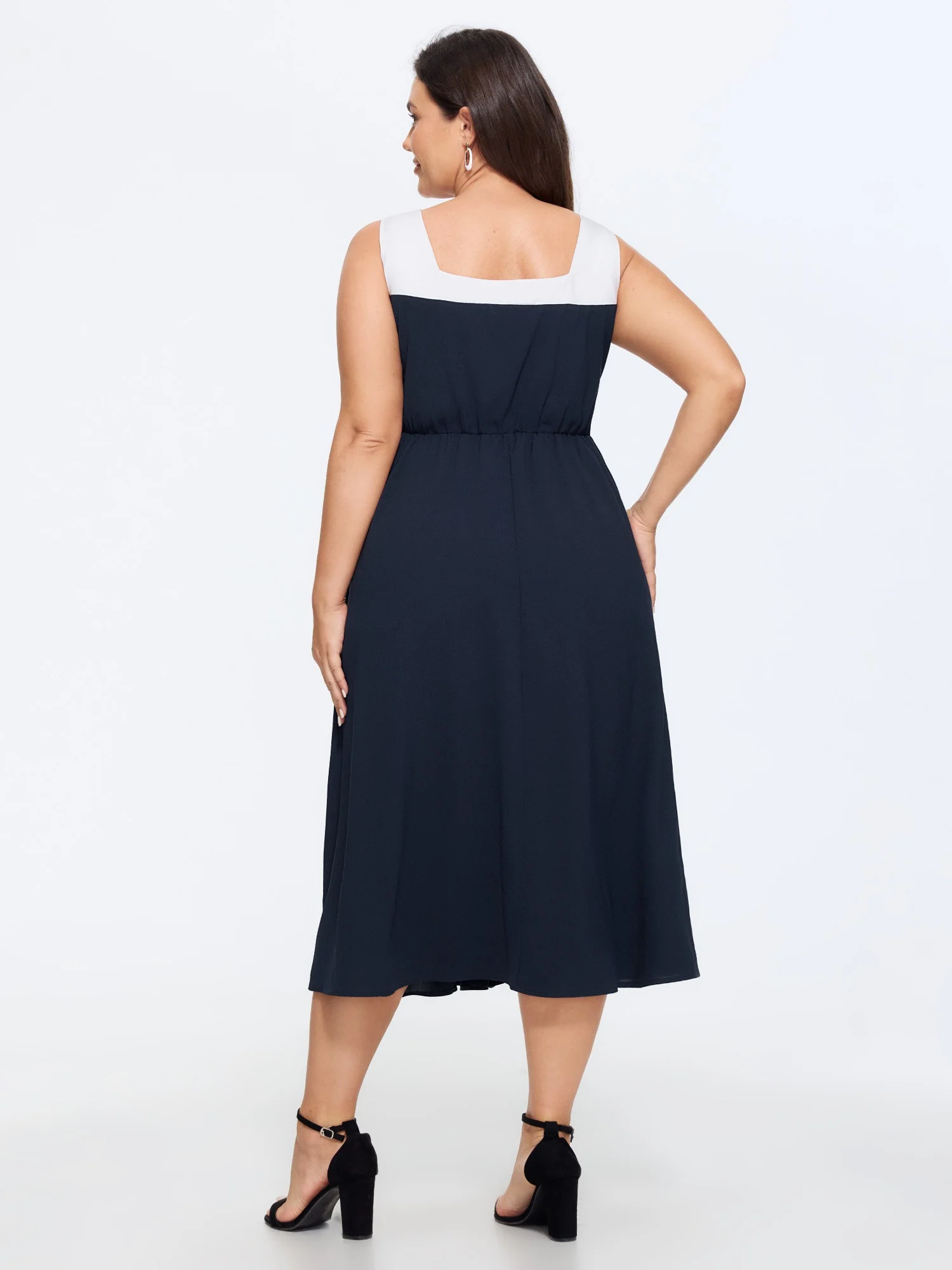 Color Block Square Neck Front Tie Sleeveless Midi Dress - Image 4