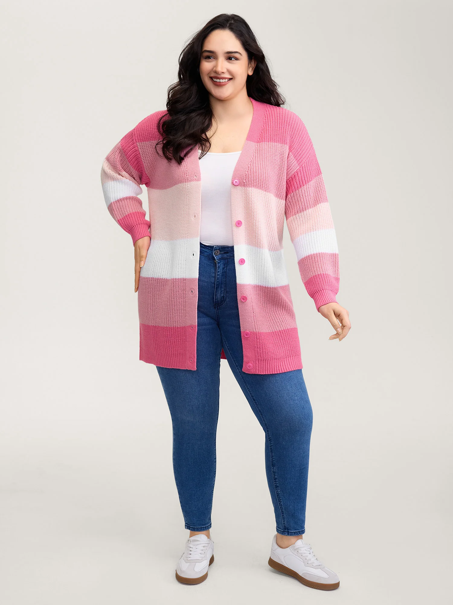 Colorblock Contrast Texture Button Cardigan - Image 3