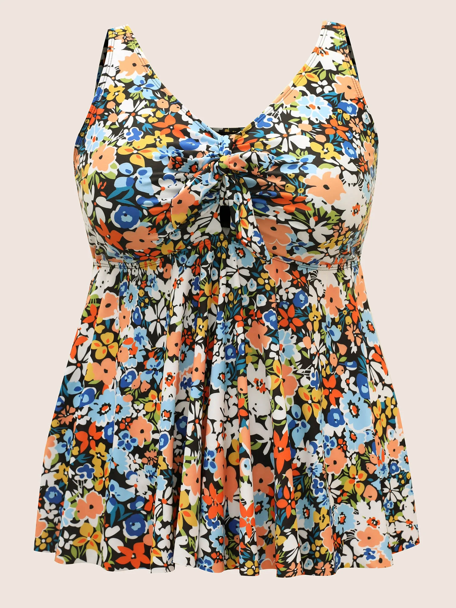 Colored Floral Print Knotted Gathered Swim Top - Image 7
