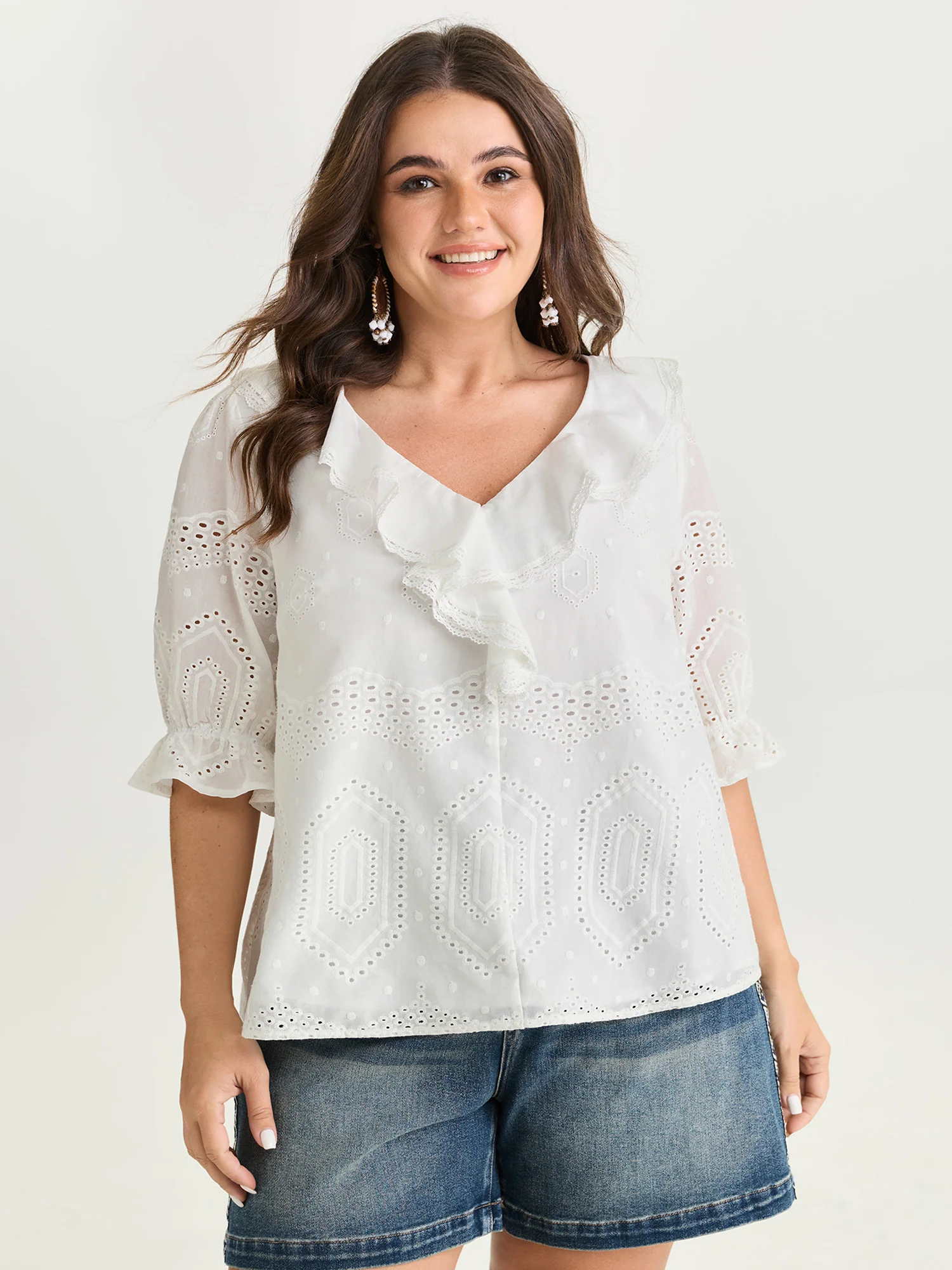 Cotton Cut-Out Lotus Leaf Neckline Blouse