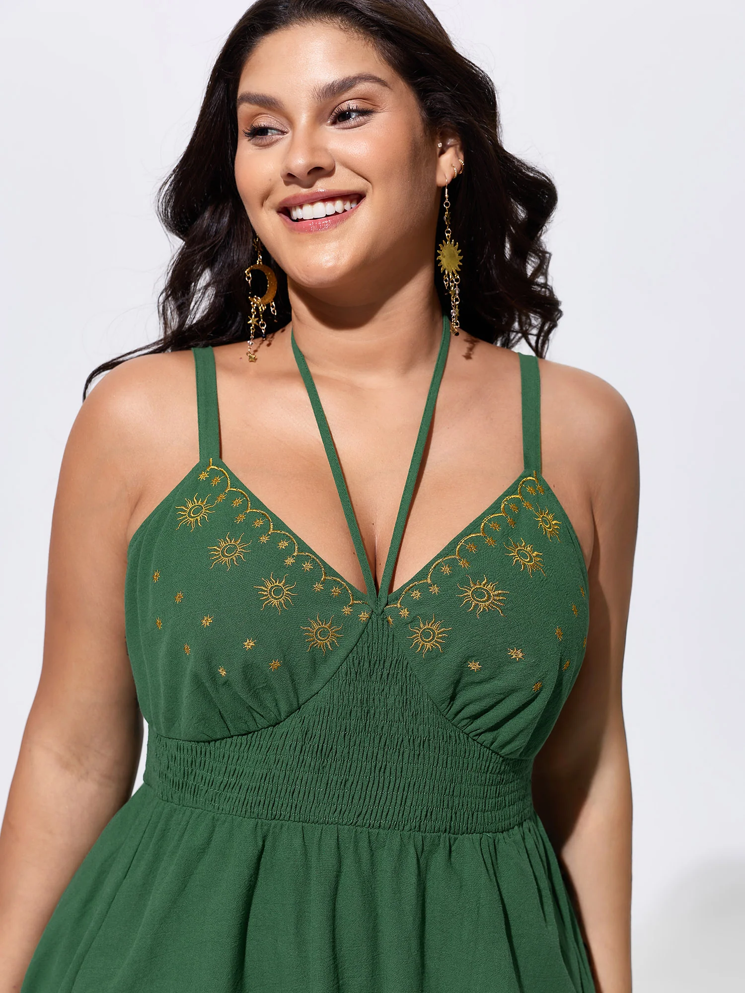 Cotton Embroidered V-Neckline Midi Dress - Image 2