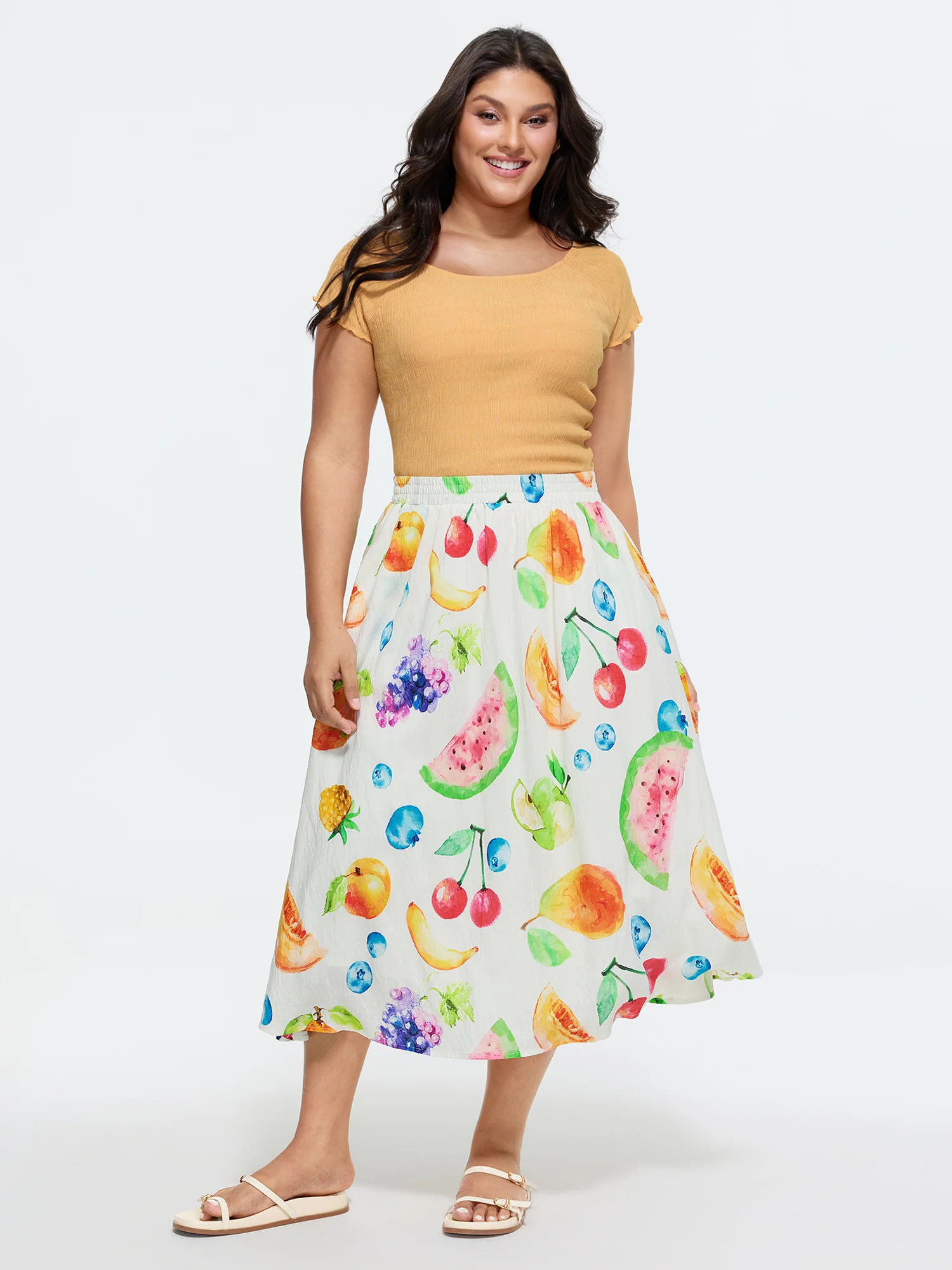 Cotton Fruit Print Shirred Waist Maxi Skirt - Image 2