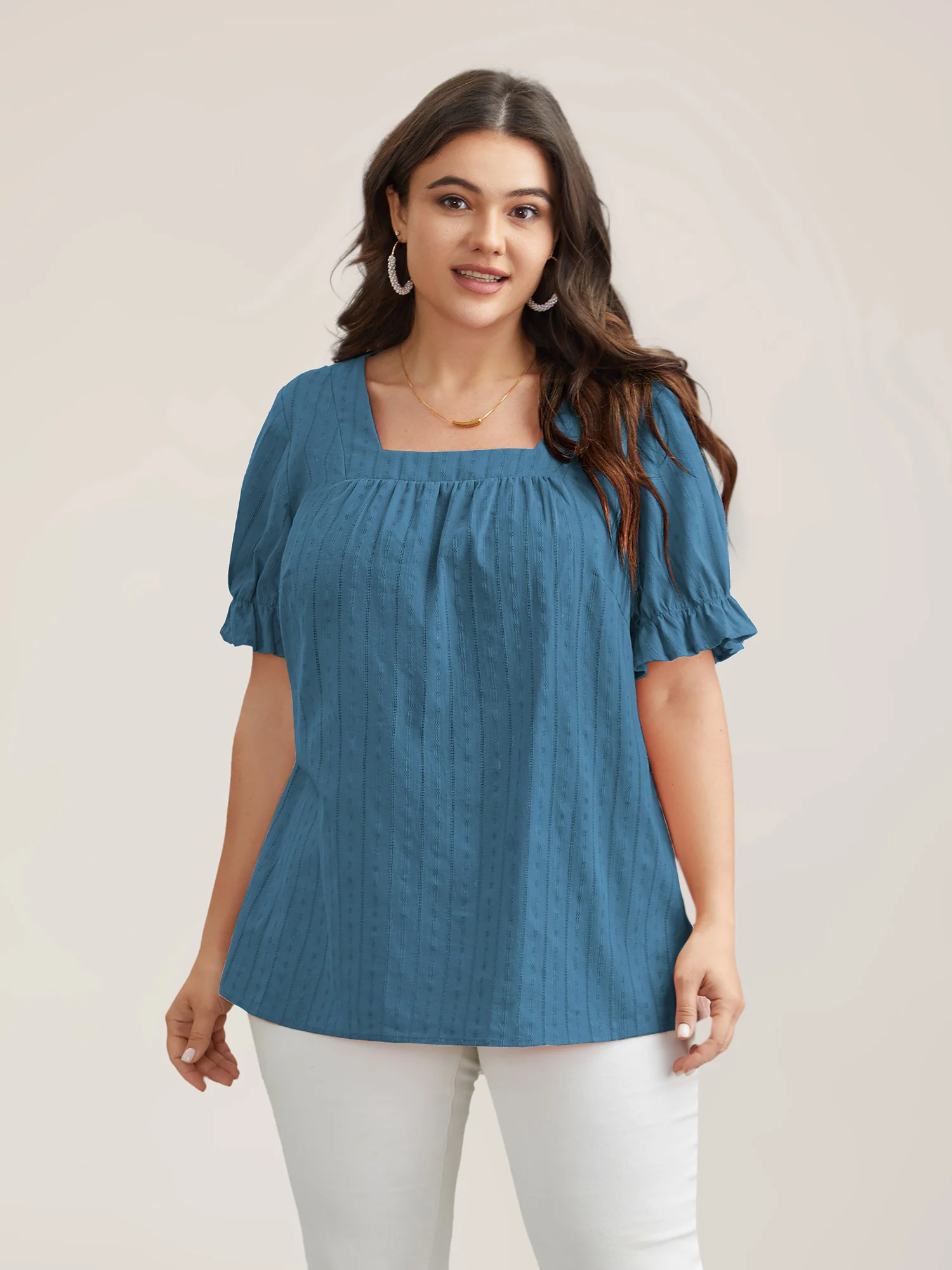 Cotton Square Neck Ruffled Sleeve Shirt - Image 10