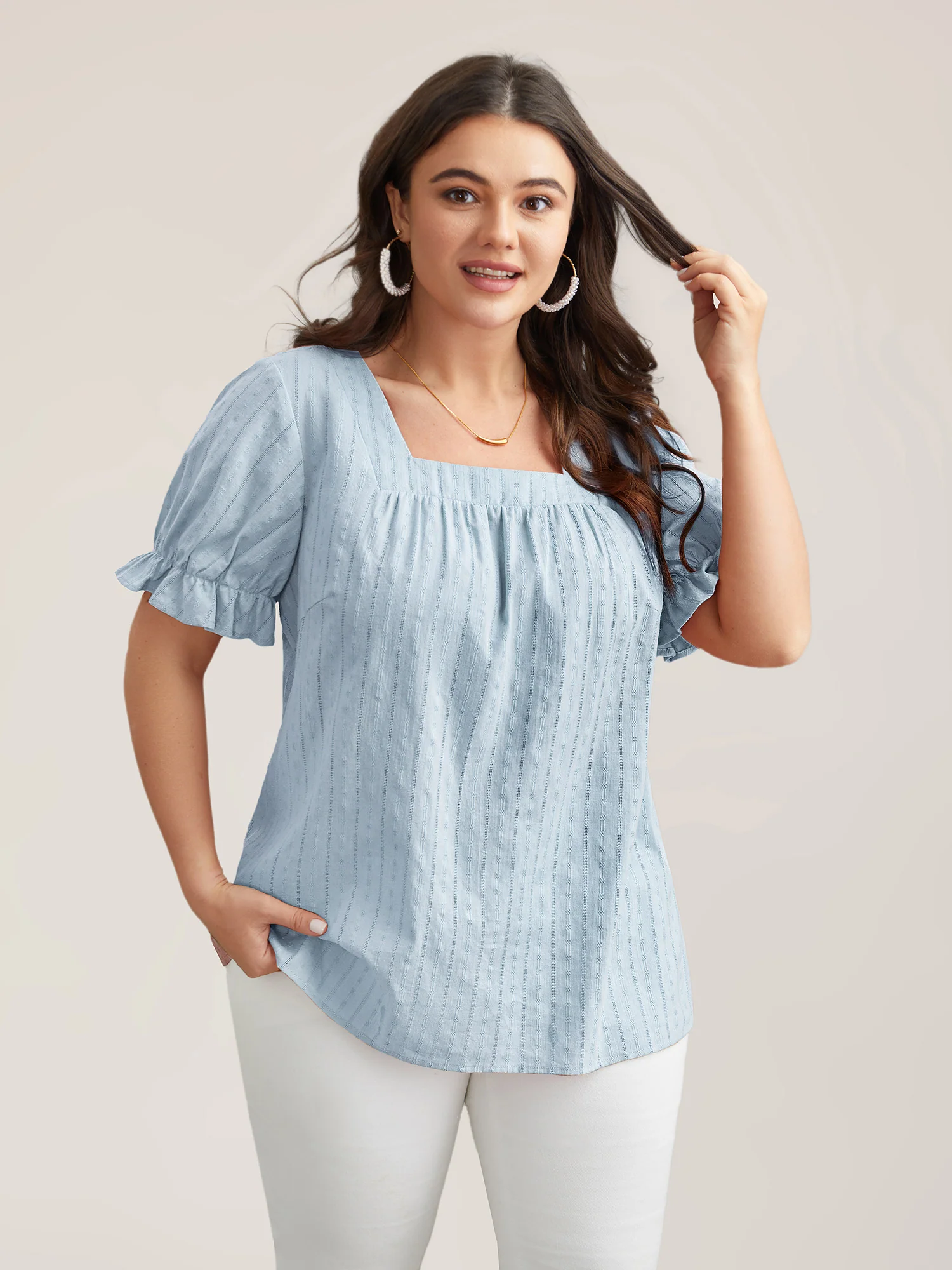 Cotton Square Neck Ruffled Sleeve Shirt - Image 12