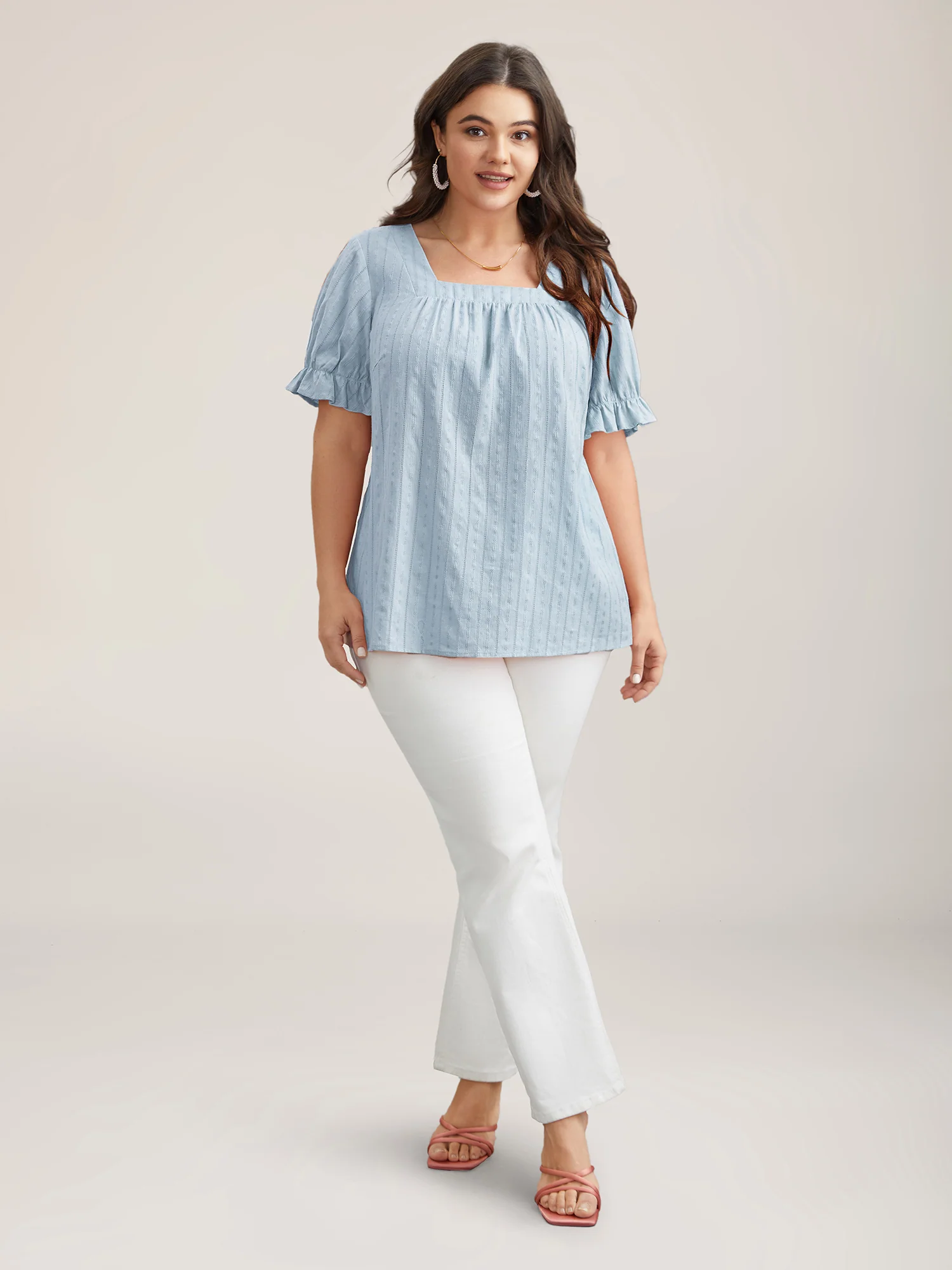 Cotton Square Neck Ruffled Sleeve Shirt - Image 13