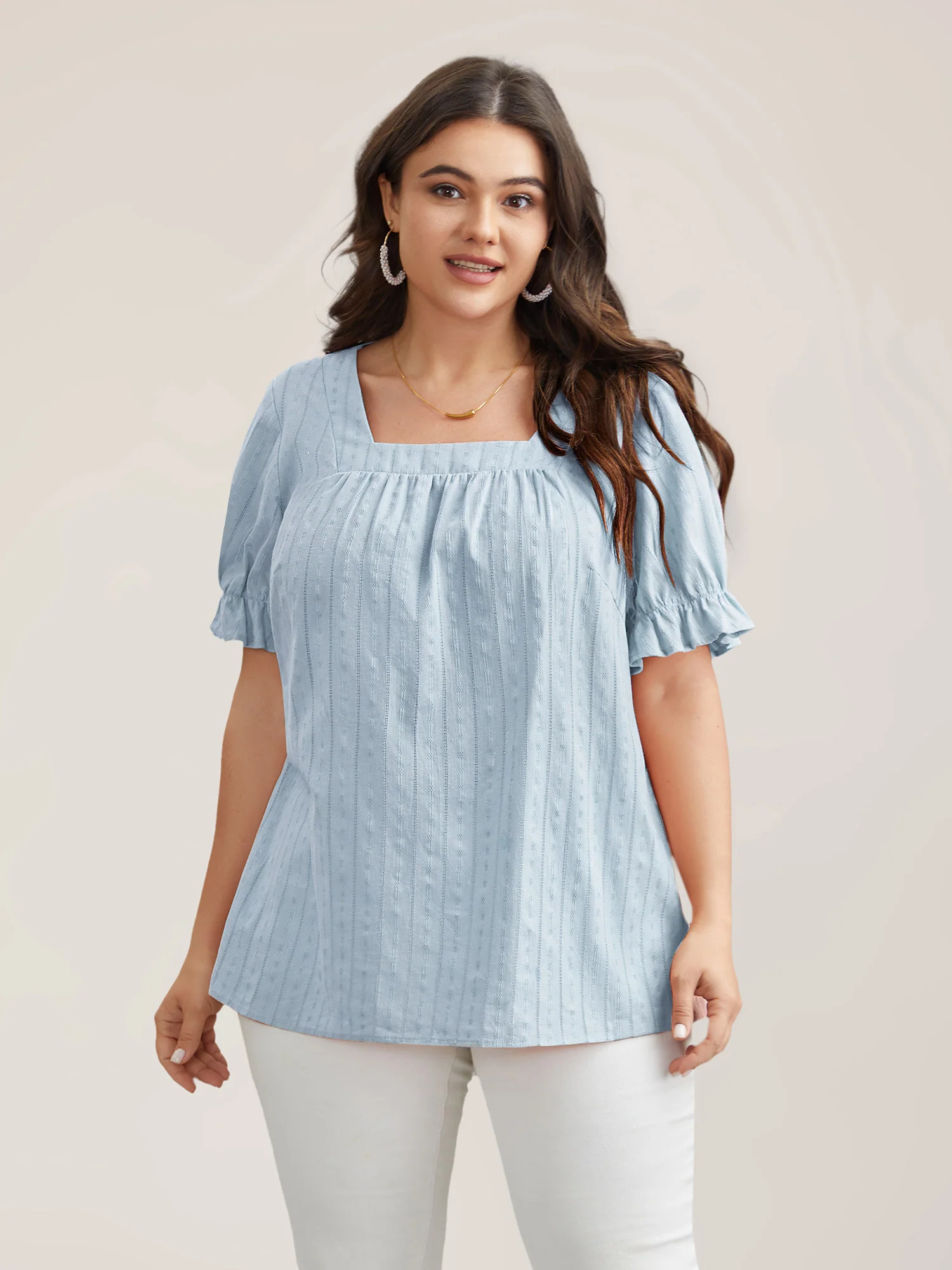 Cotton Square Neck Ruffled Sleeve Shirt - Image 14
