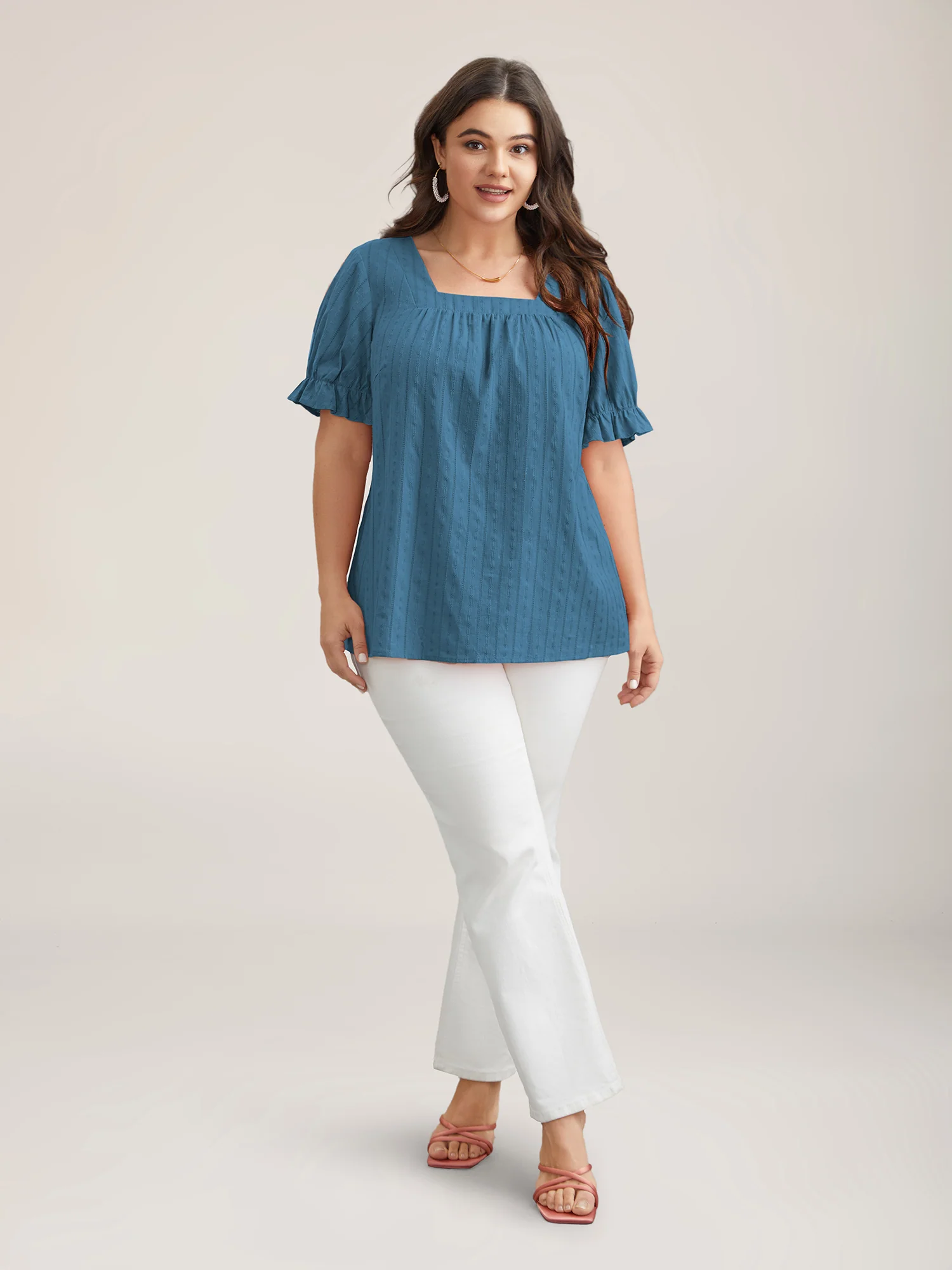 Cotton Square Neck Ruffled Sleeve Shirt - Image 9