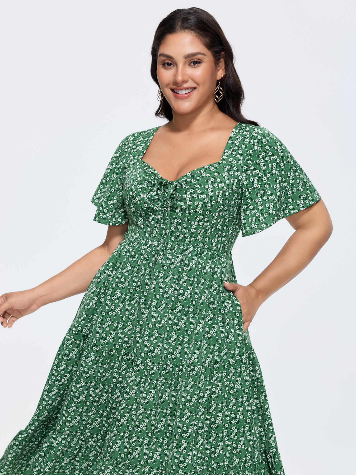 Ditsy Floral Sweetheart Drawstring Pocket Tiered Dress - Image 10