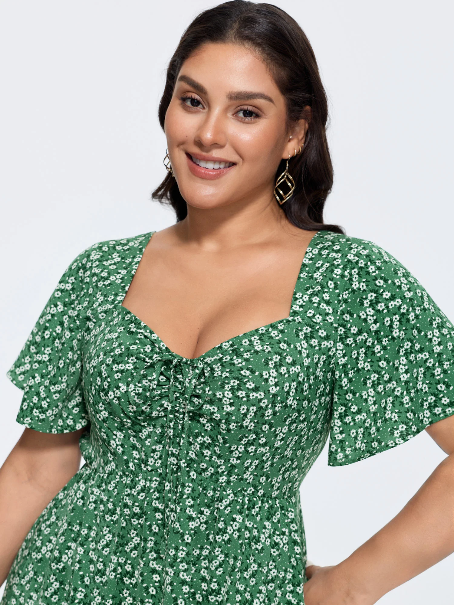 Ditsy Floral Sweetheart Drawstring Pocket Tiered Dress - Image 12