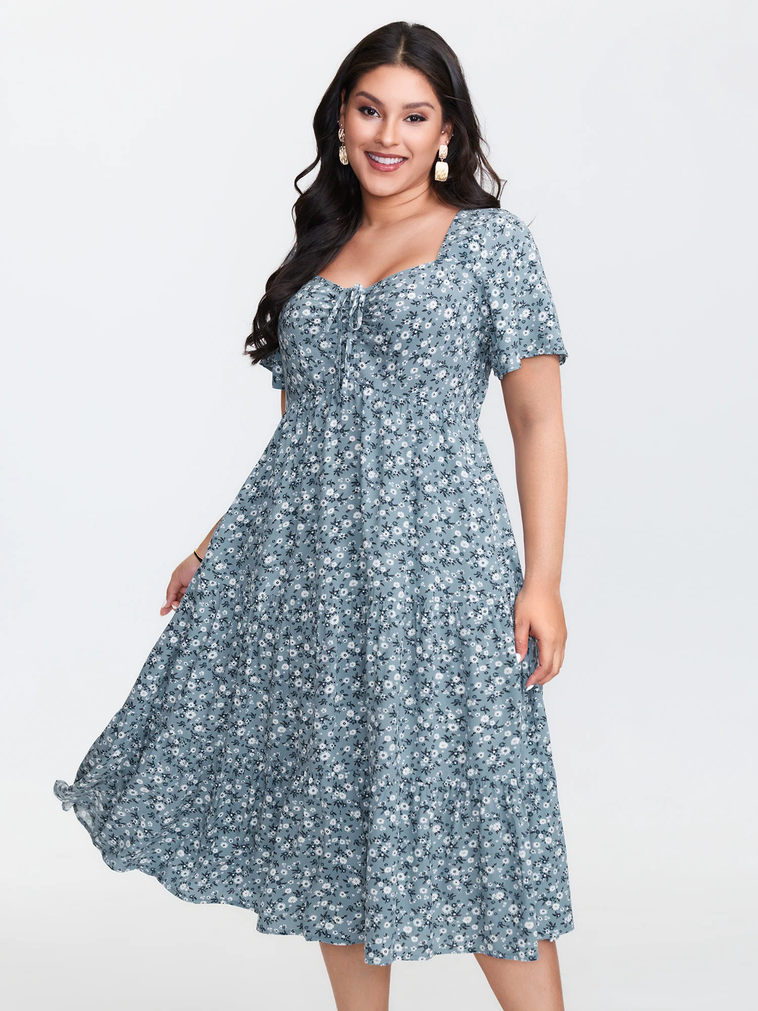 Ditsy Floral Sweetheart Drawstring Pocket Tiered Dress - Image 14