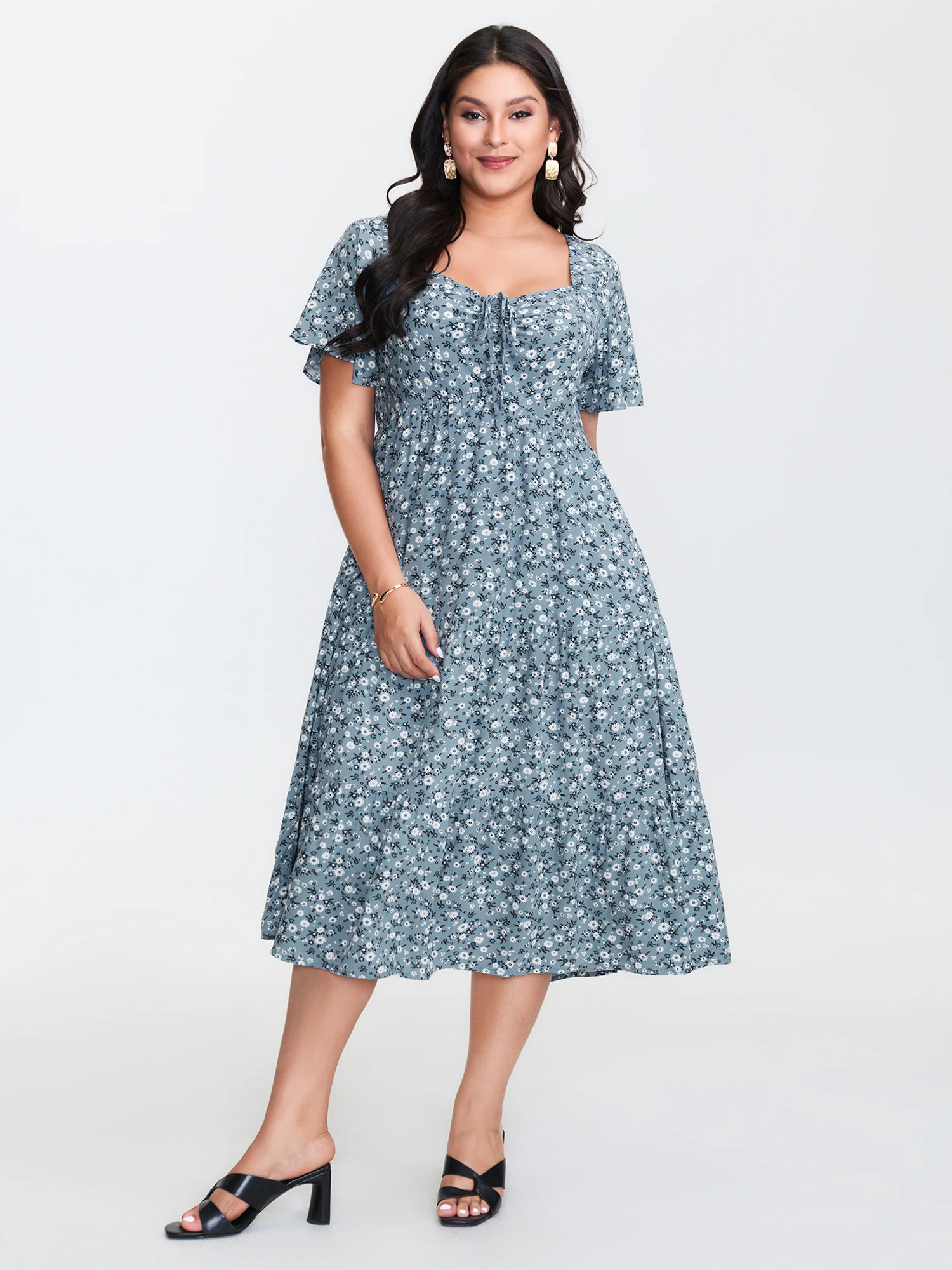Ditsy Floral Sweetheart Drawstring Pocket Tiered Dress - Image 16