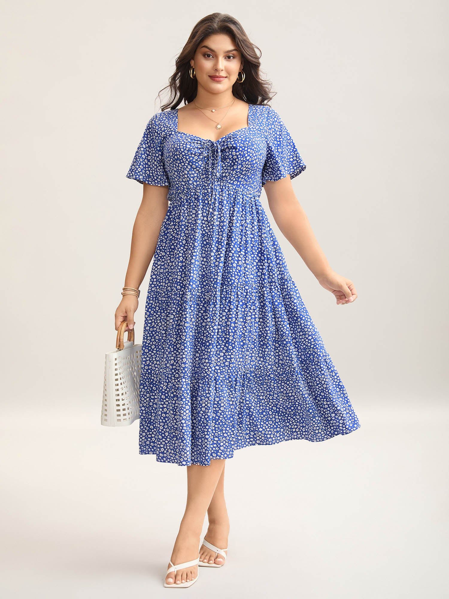 Ditsy Floral Sweetheart Drawstring Pocket Tiered Dress - Image 18