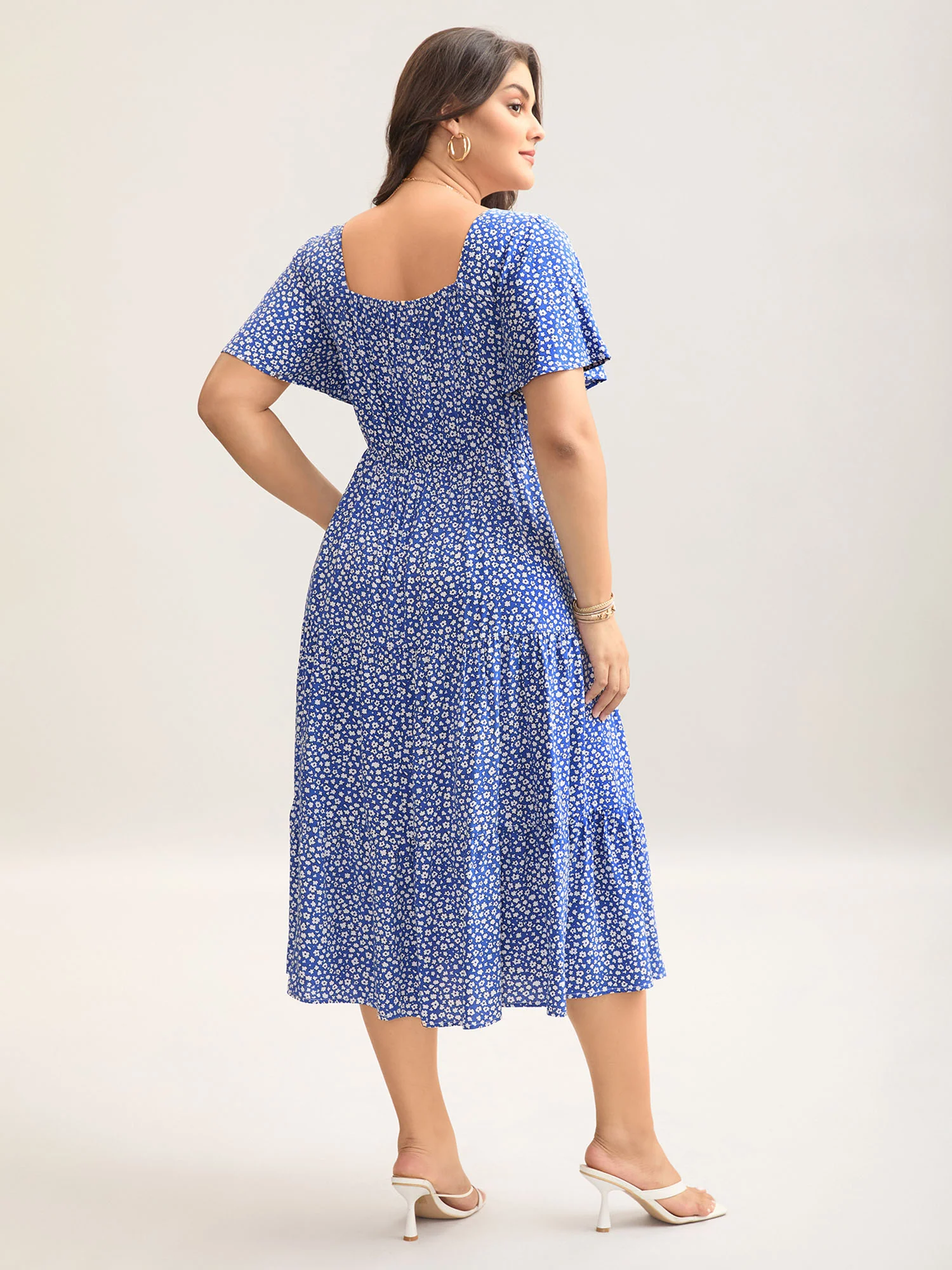 Ditsy Floral Sweetheart Drawstring Pocket Tiered Dress - Image 21