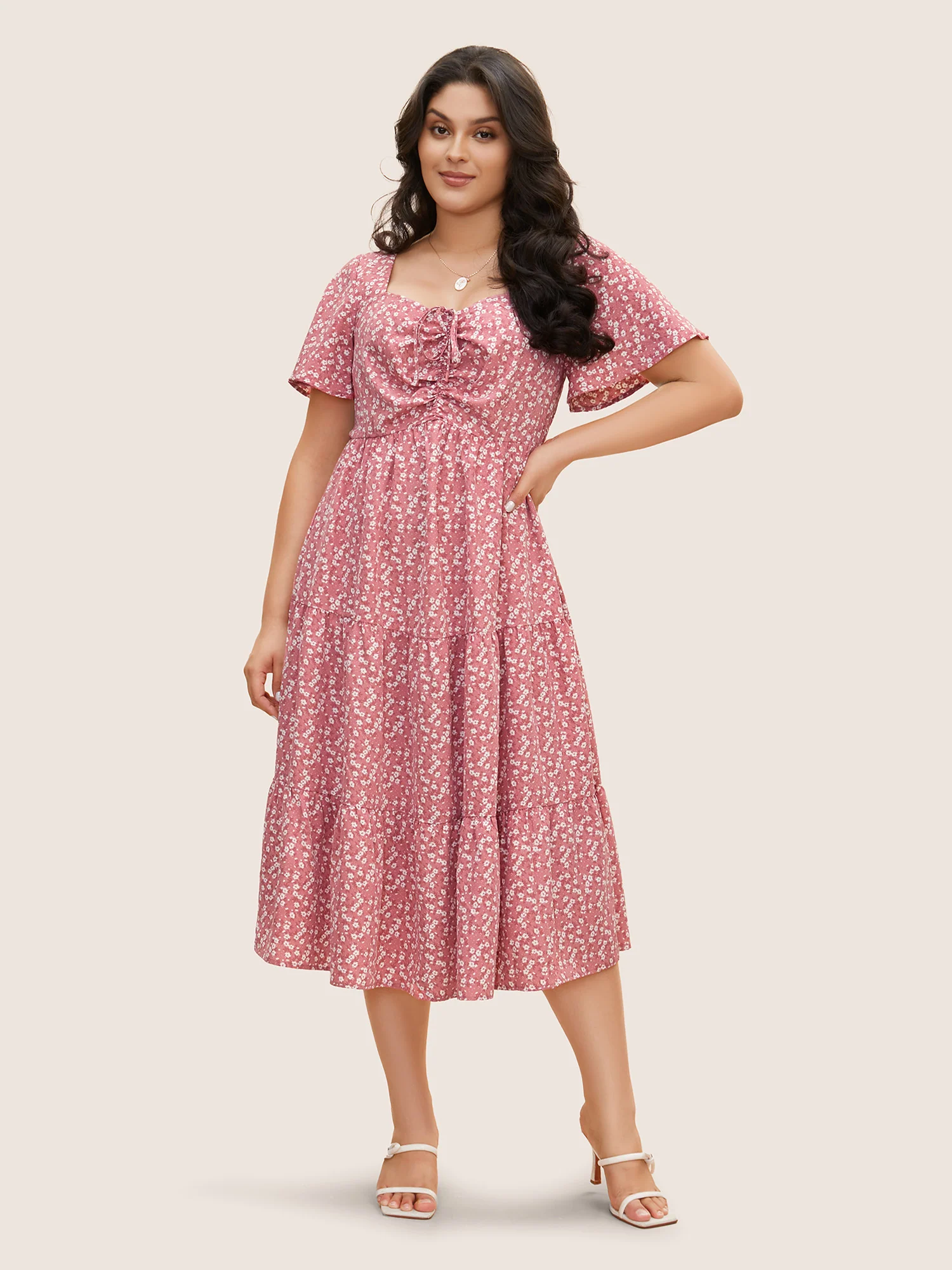 Ditsy Floral Sweetheart Drawstring Pocket Tiered Dress - Image 22