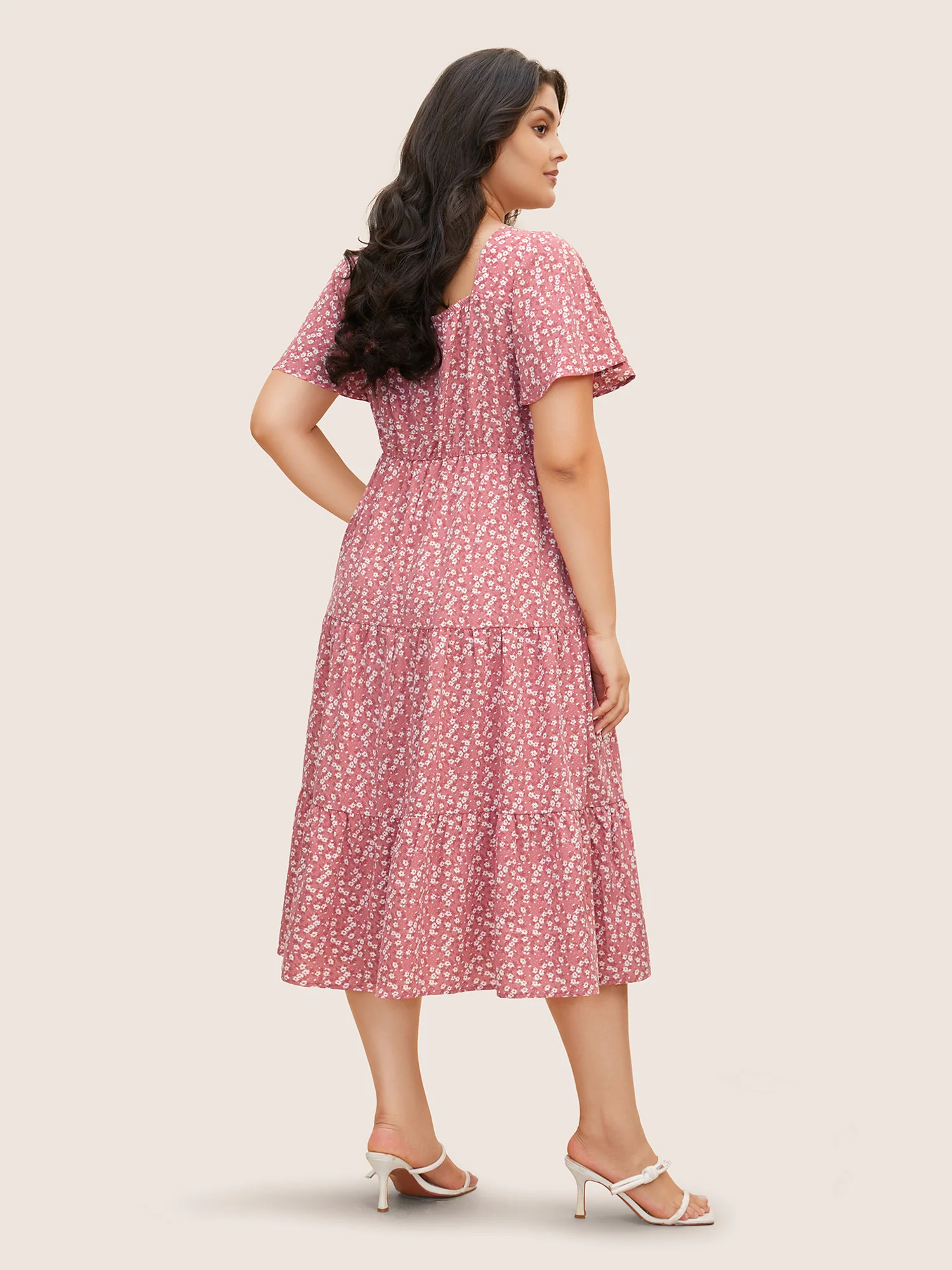 Ditsy Floral Sweetheart Drawstring Pocket Tiered Dress - Image 23