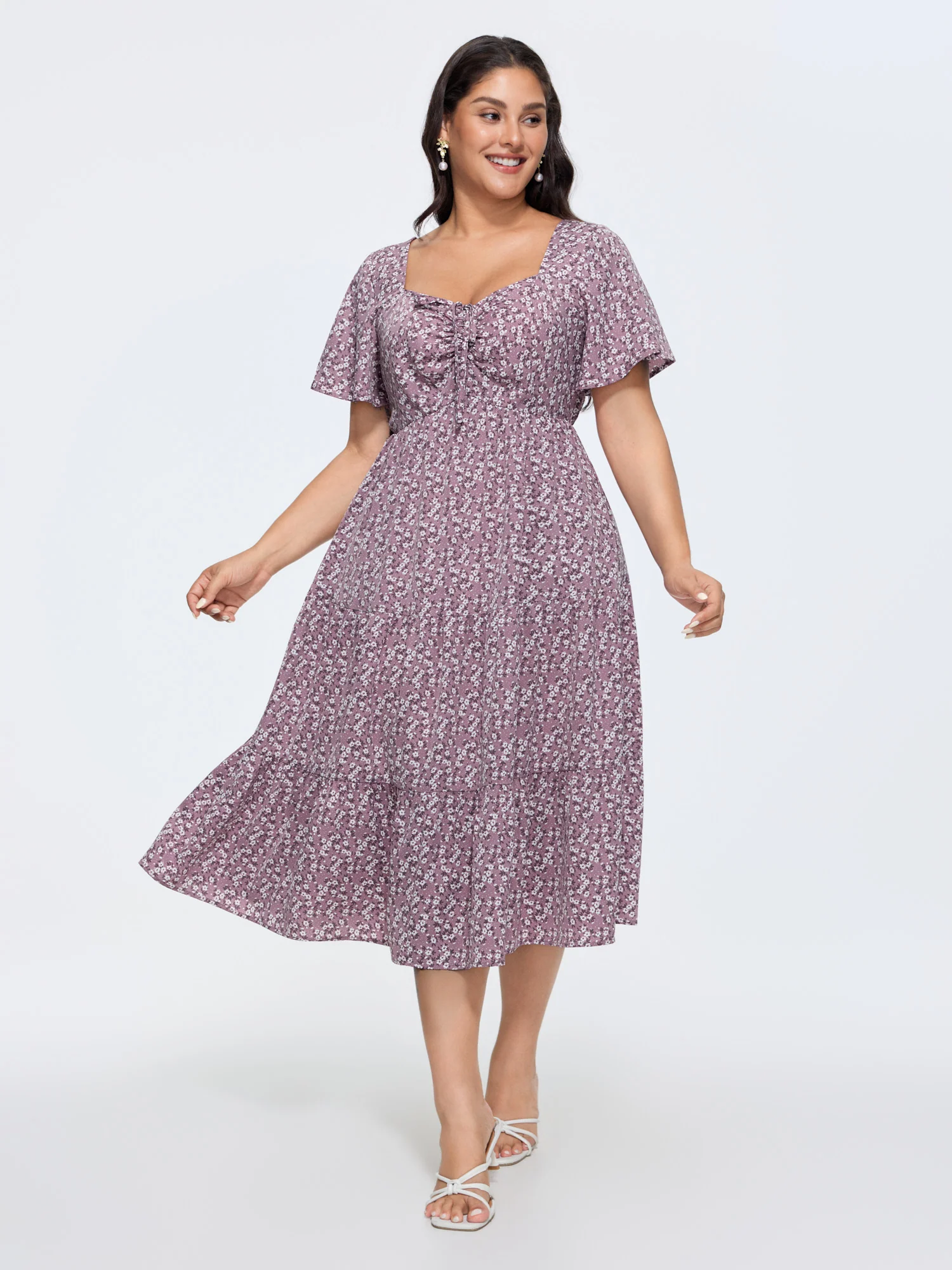 Ditsy Floral Sweetheart Drawstring Pocket Tiered Dress - Image 24