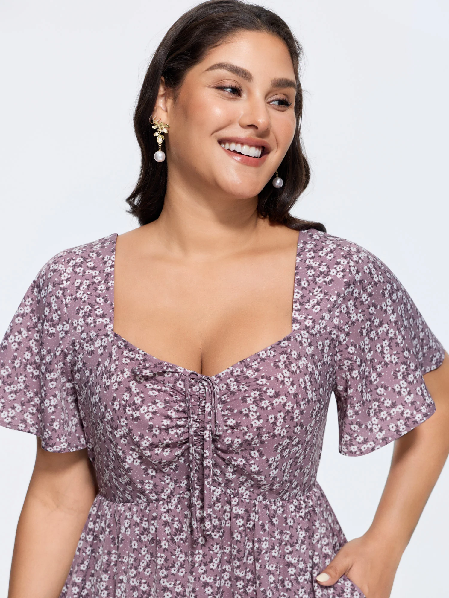 Ditsy Floral Sweetheart Drawstring Pocket Tiered Dress - Image 25