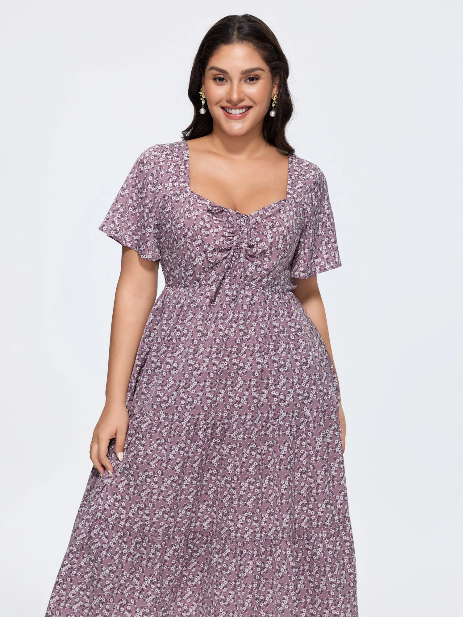 Ditsy Floral Sweetheart Drawstring Pocket Tiered Dress - Image 26