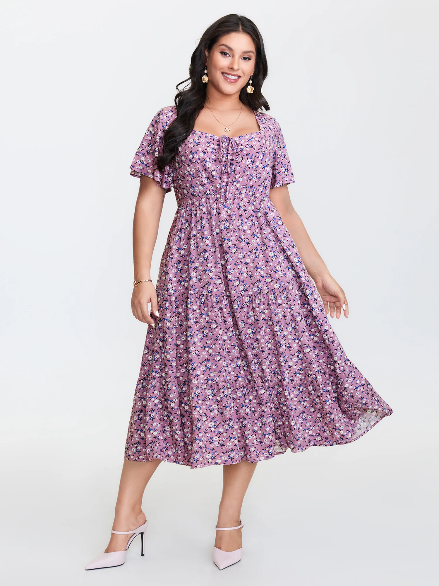 Ditsy Floral Sweetheart Drawstring Pocket Tiered Dress - Image 32