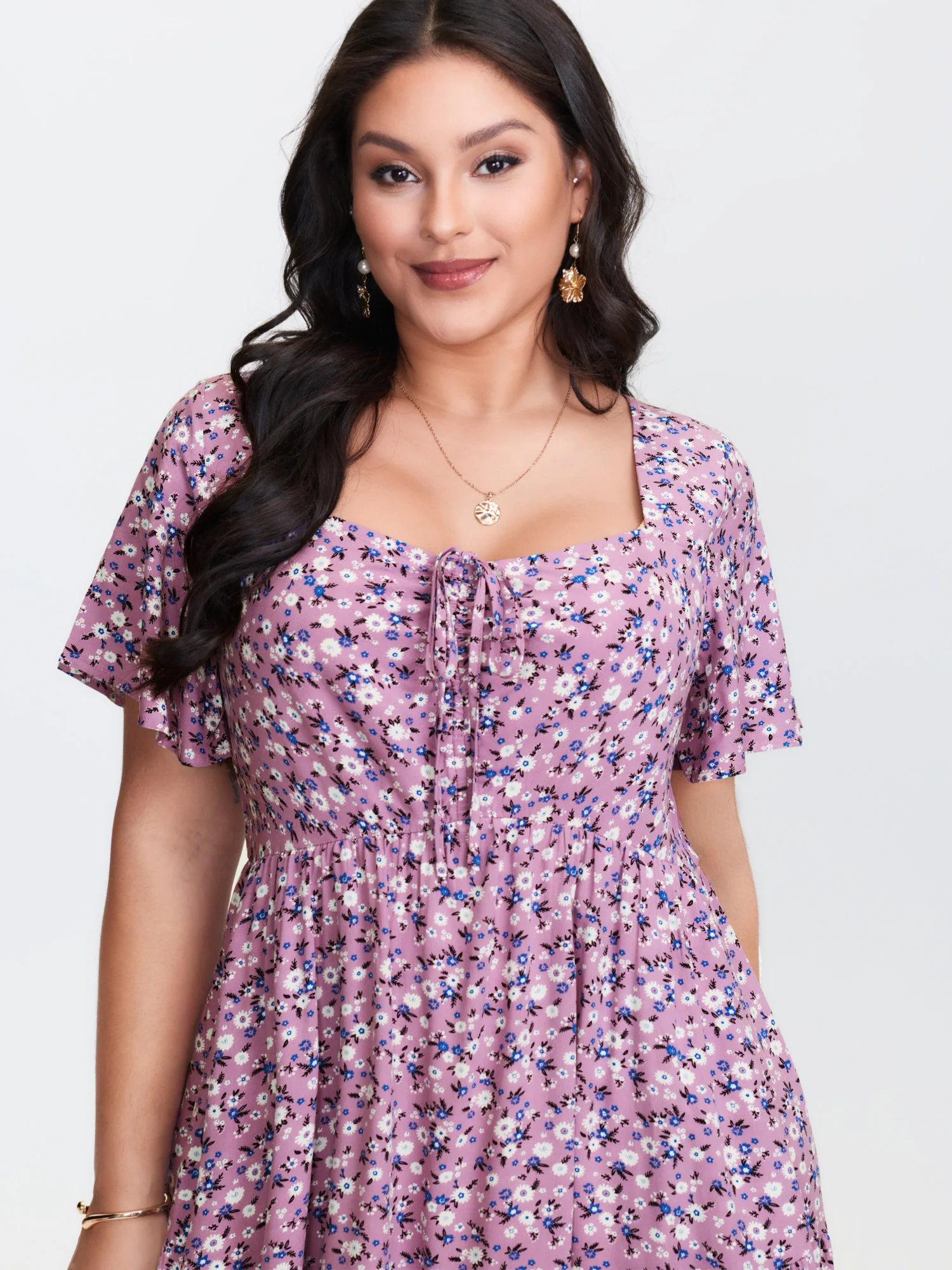 Ditsy Floral Sweetheart Drawstring Pocket Tiered Dress - Image 33