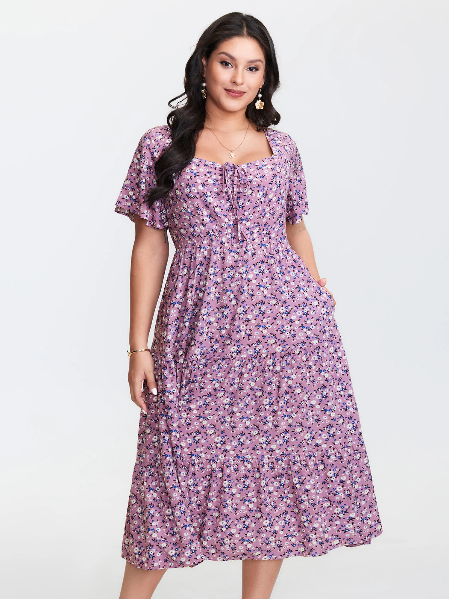 Ditsy Floral Sweetheart Drawstring Pocket Tiered Dress - Image 34