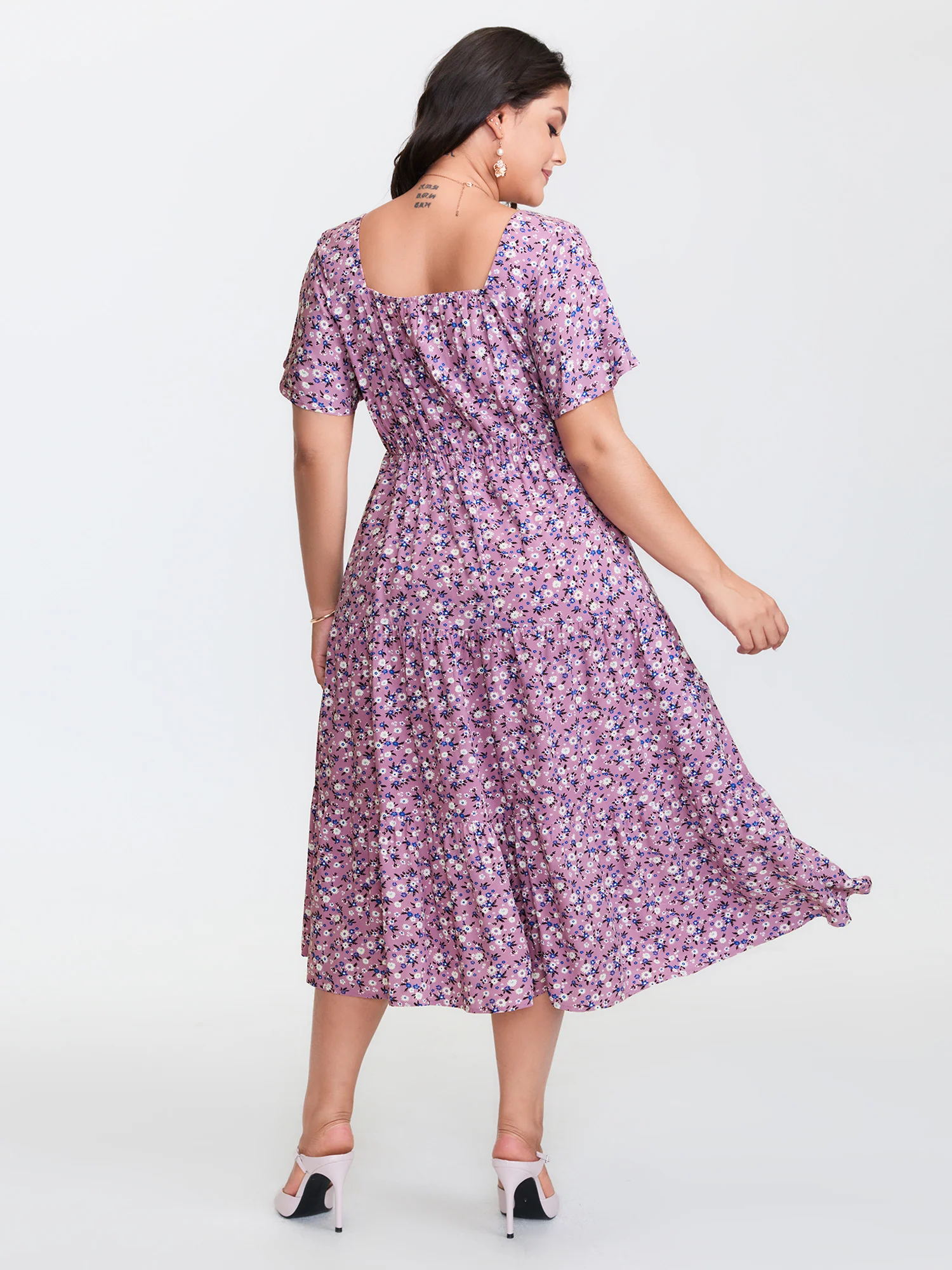 Ditsy Floral Sweetheart Drawstring Pocket Tiered Dress - Image 35