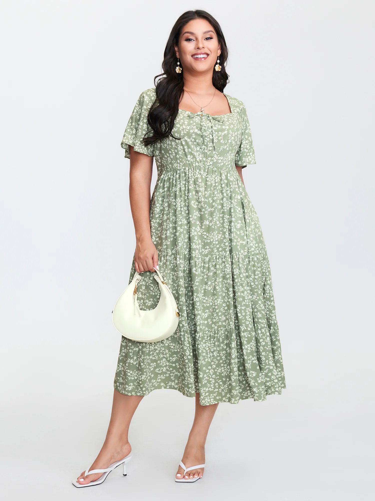Ditsy Floral Sweetheart Drawstring Pocket Tiered Dress - Image 38