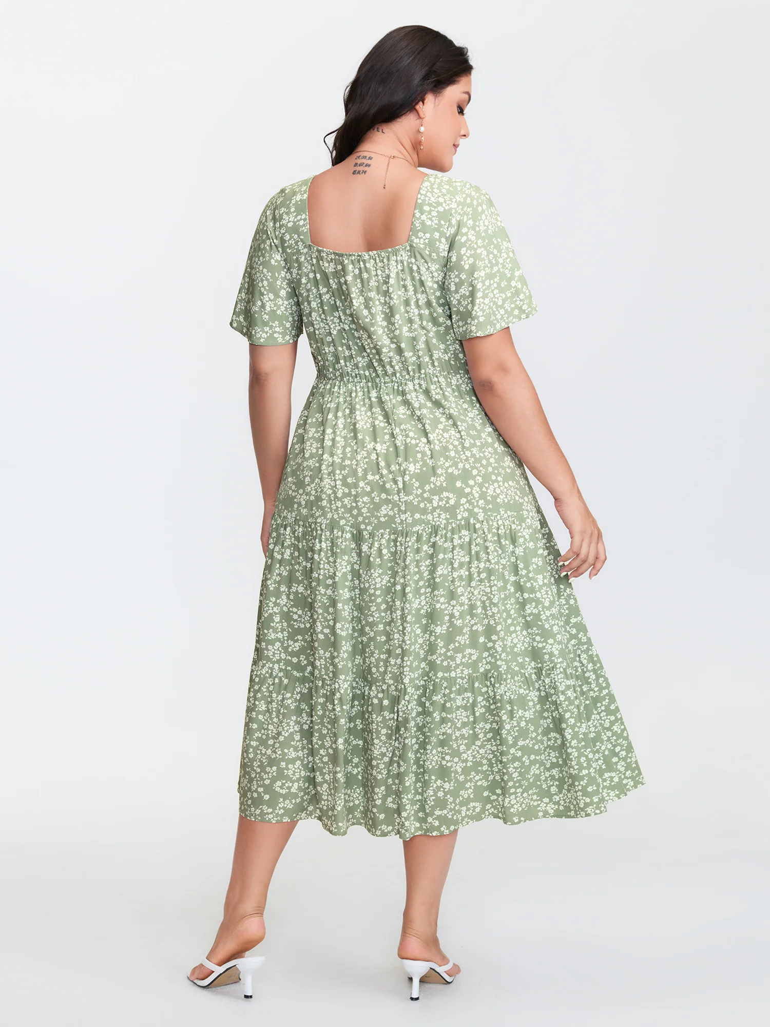 Ditsy Floral Sweetheart Drawstring Pocket Tiered Dress - Image 39