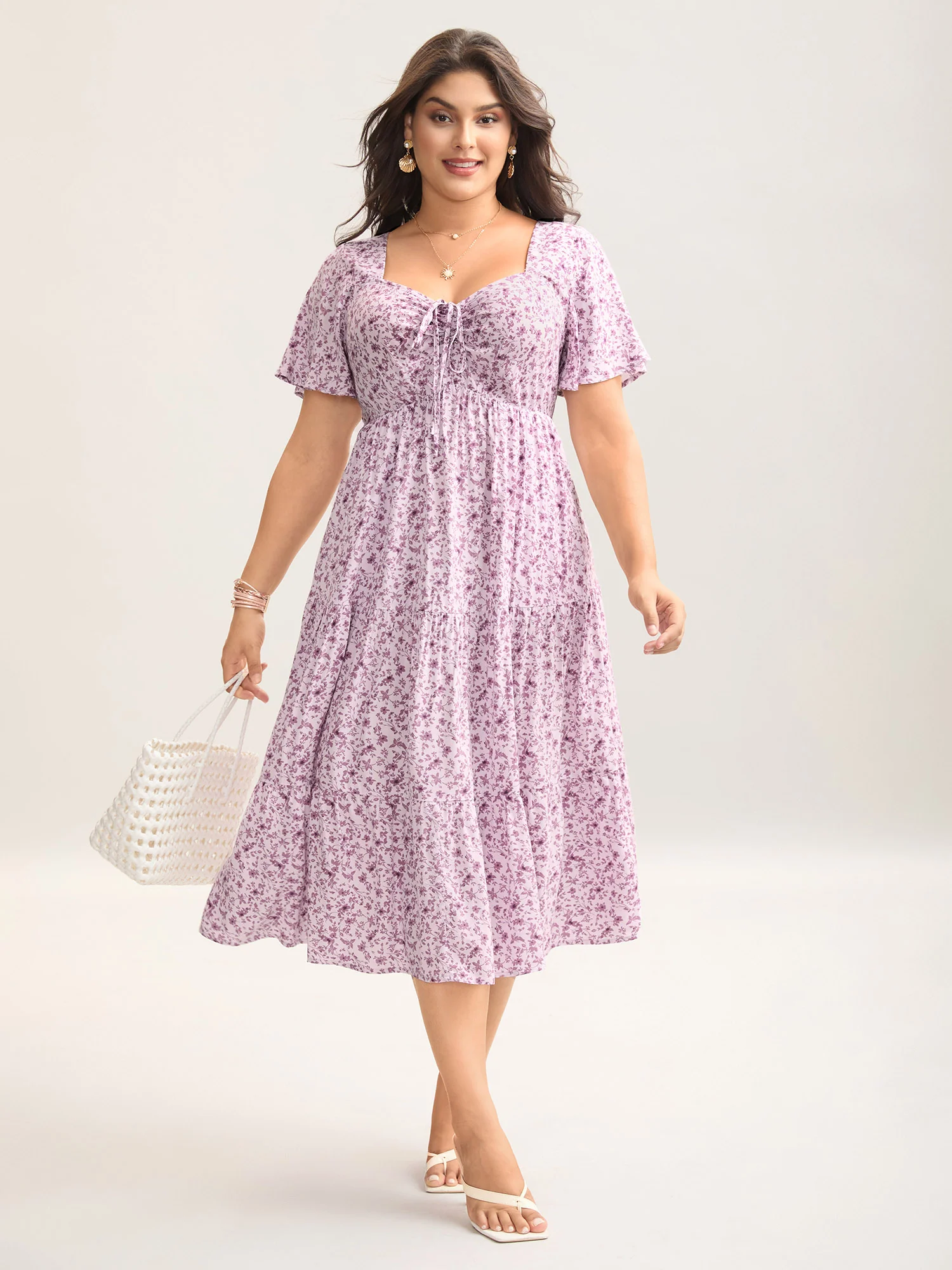 Ditsy Floral Sweetheart Drawstring Pocket Tiered Dress - Image 5