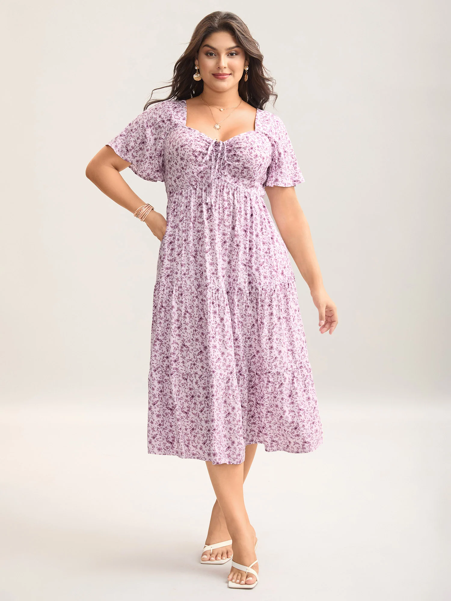 Ditsy Floral Sweetheart Drawstring Pocket Tiered Dress - Image 7
