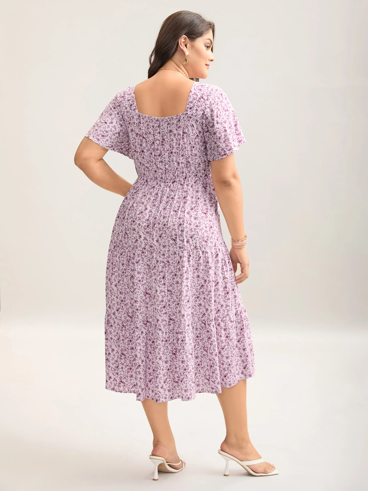 Ditsy Floral Sweetheart Drawstring Pocket Tiered Dress - Image 8