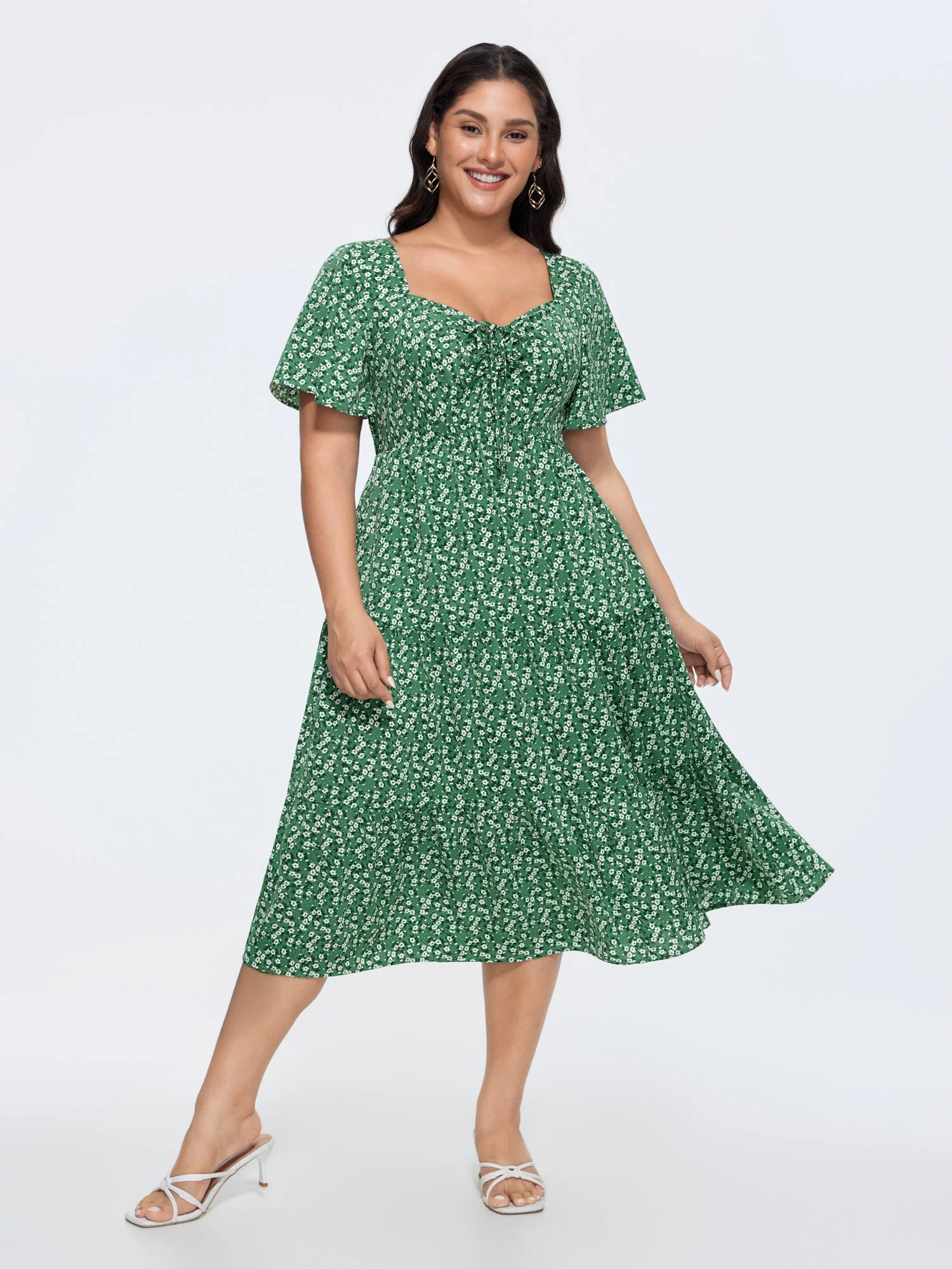 Ditsy Floral Sweetheart Drawstring Pocket Tiered Dress - Image 9