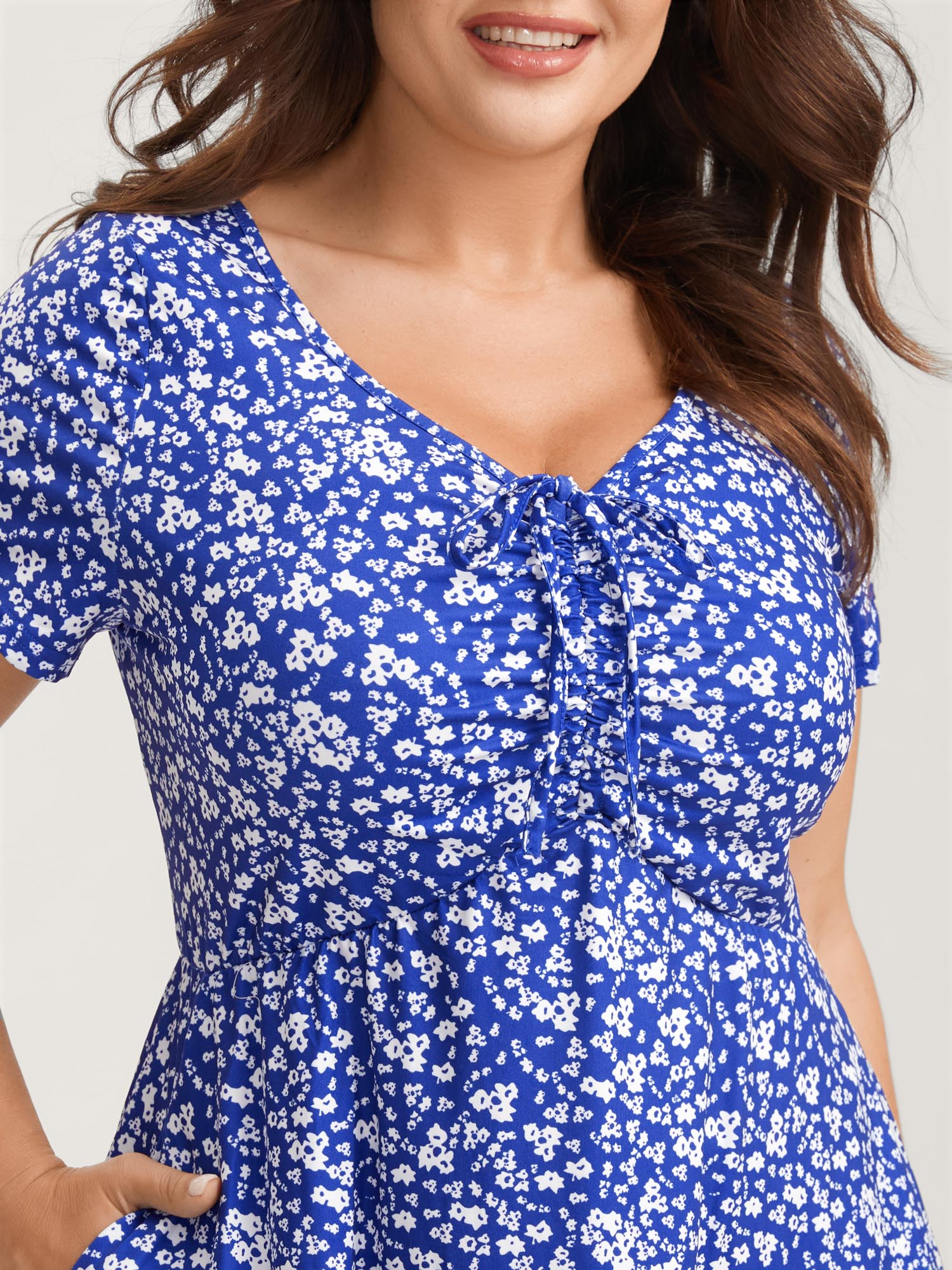 Ditsy Floral Elastic Waist Knot Drawstring Dress - Image 13