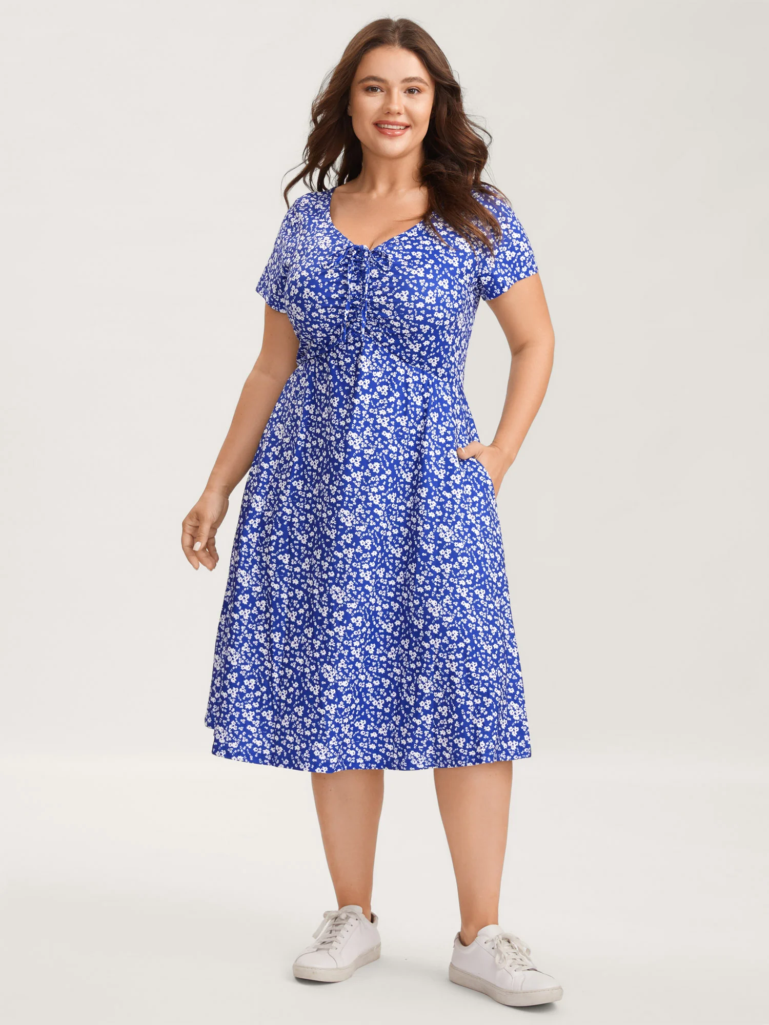 Ditsy Floral Elastic Waist Knot Drawstring Dress - Image 14