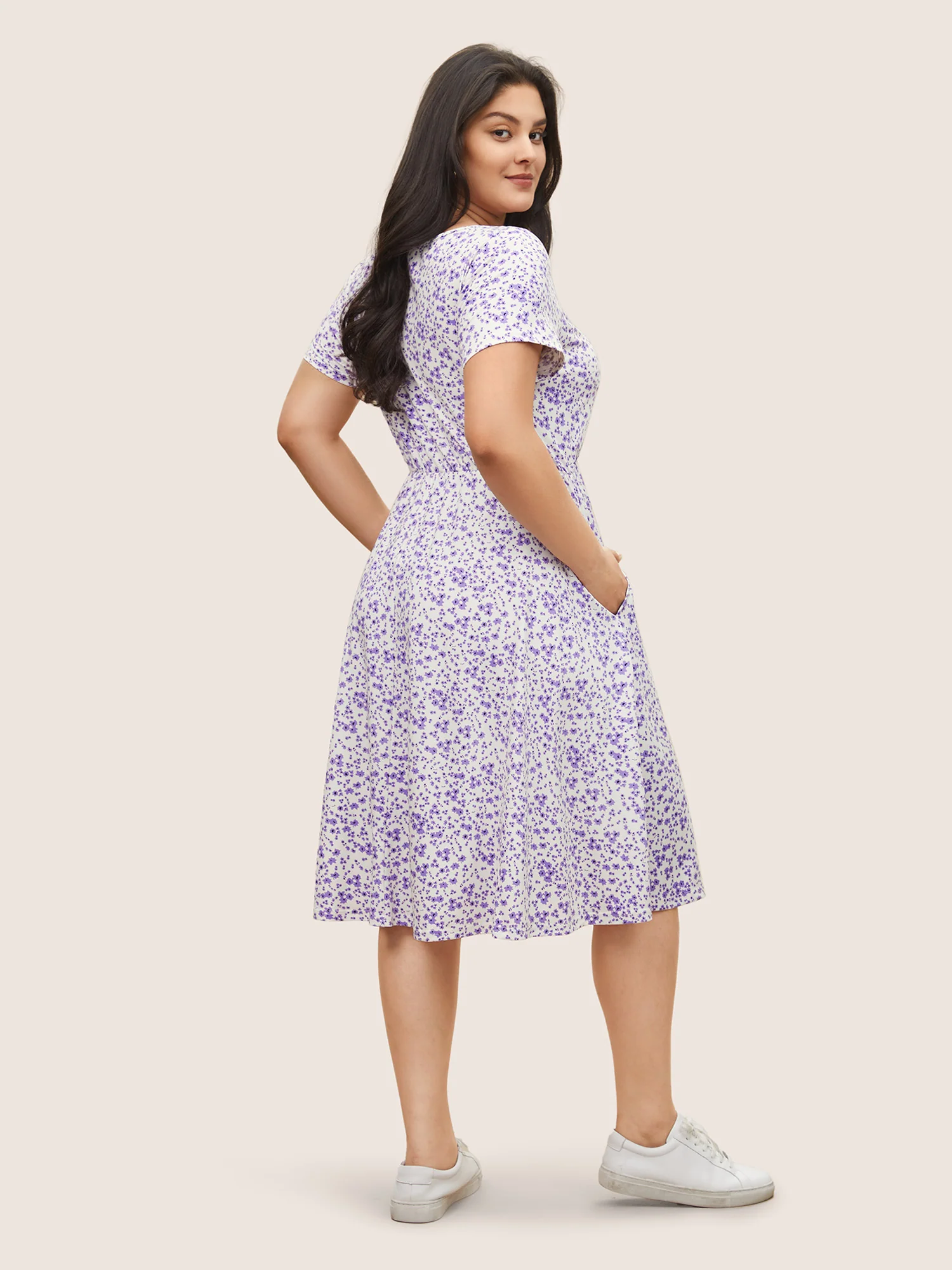 Ditsy Floral Elastic Waist Knot Drawstring Dress - Image 3