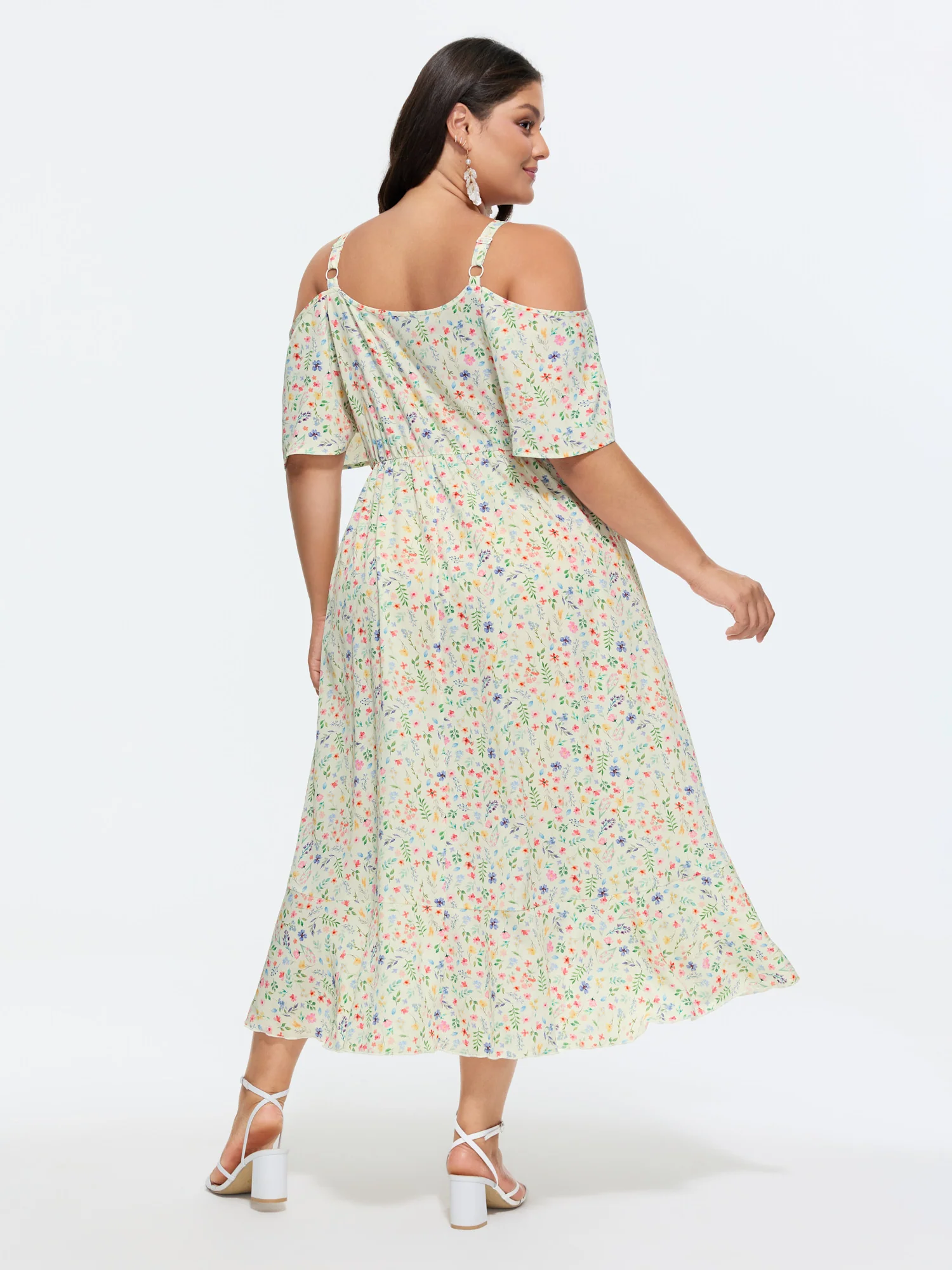 Ditsy Floral Pocket Wrap Cold Shoulder Ruffle Dress - Image 22