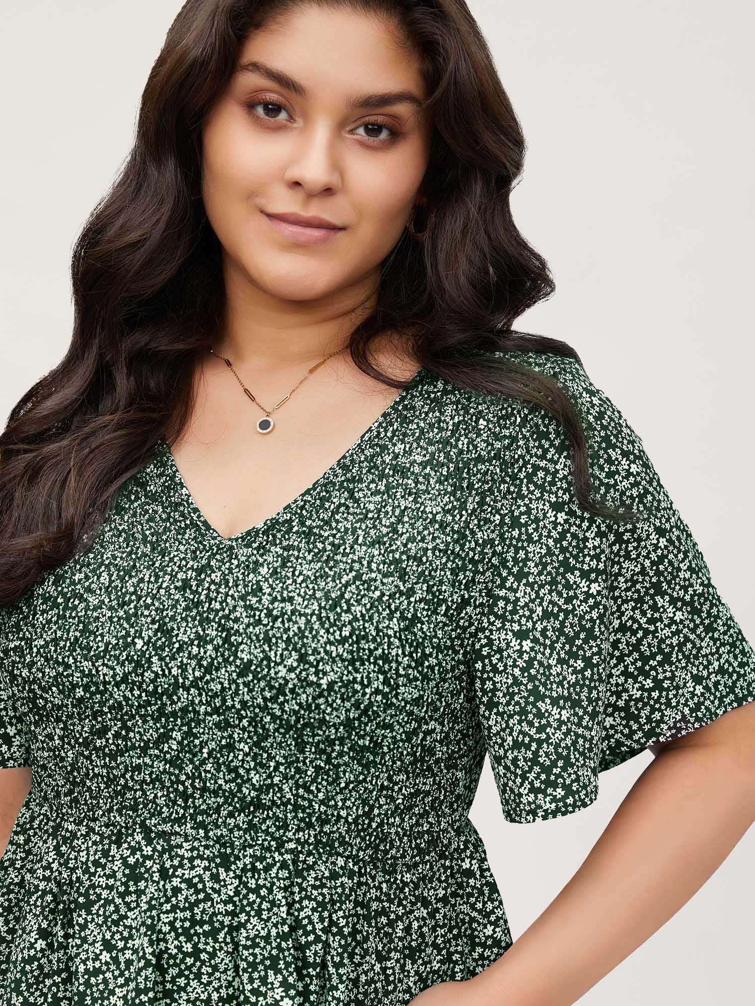 Ditsy Floral Shirred Ruffle Sleeve Elastic Waist Blouse - Image 10