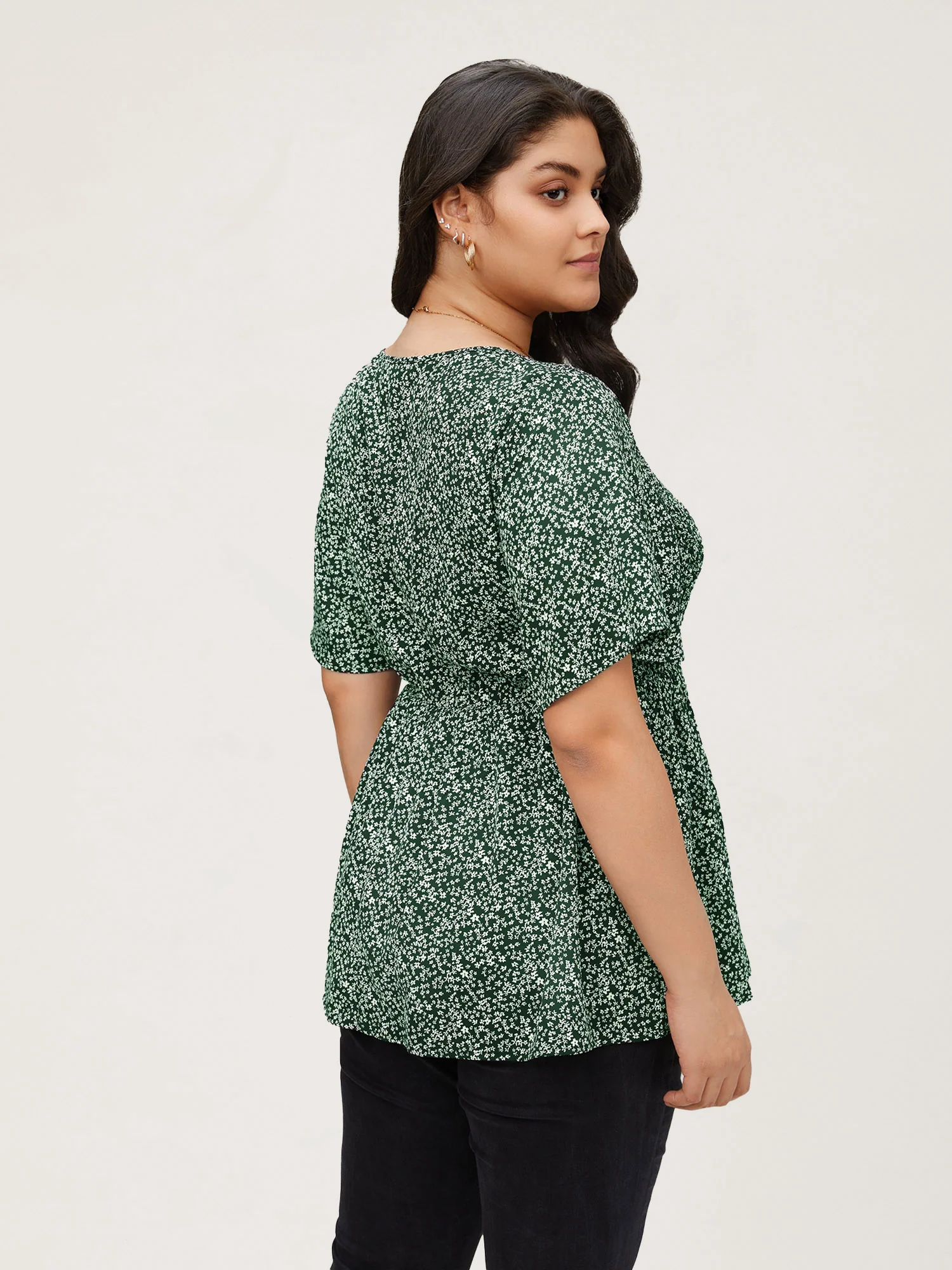 Ditsy Floral Shirred Ruffle Sleeve Elastic Waist Blouse - Image 11