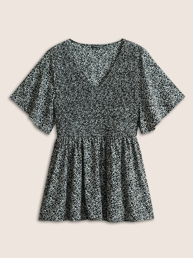Ditsy Floral Shirred Ruffle Sleeve Elastic Waist Blouse - Image 7