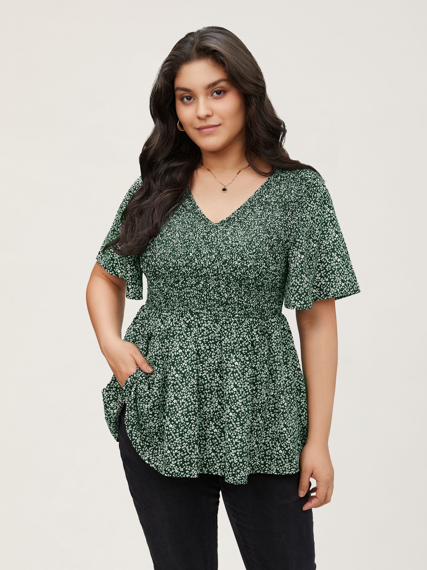 Ditsy Floral Shirred Ruffle Sleeve Elastic Waist Blouse - Image 8
