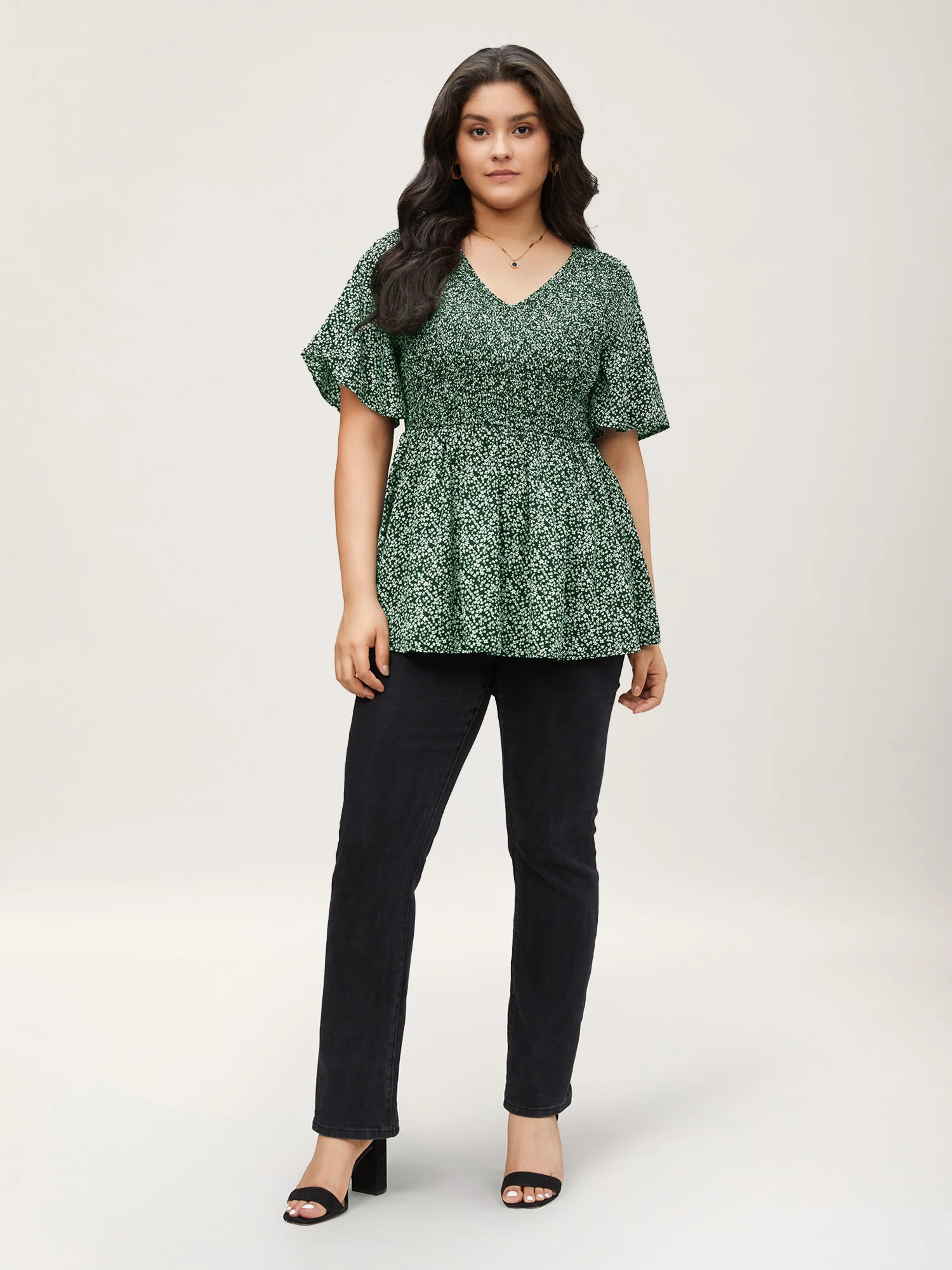 Ditsy Floral Shirred Ruffle Sleeve Elastic Waist Blouse - Image 9